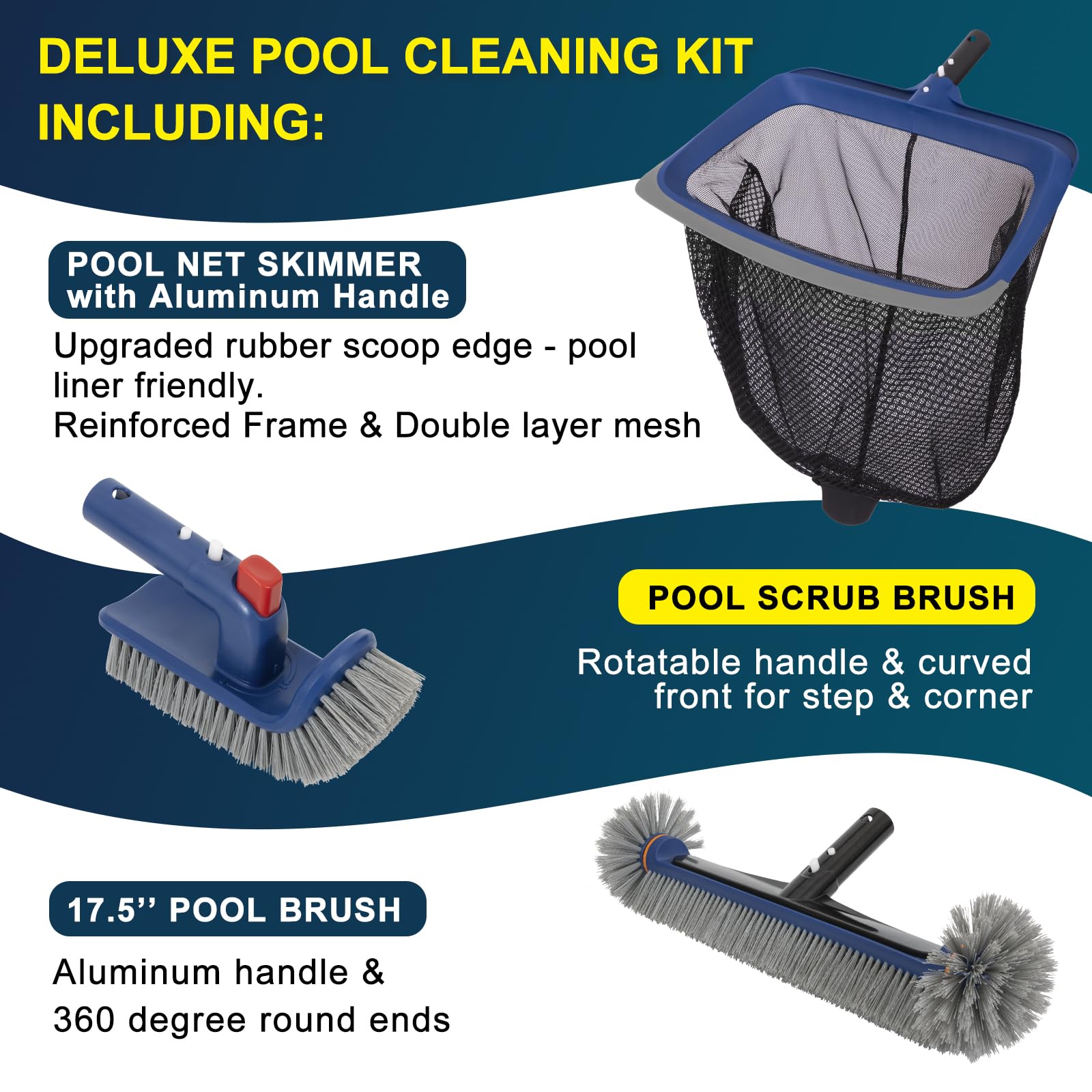 Kit d'entretien de piscine de luxe avec filet d'épuisette avec bord en caoutchouc, tête de brosse de piscine de 44,5 cm et brosse à récurer portable, kit de nettoyage de piscine creusée et hors sol