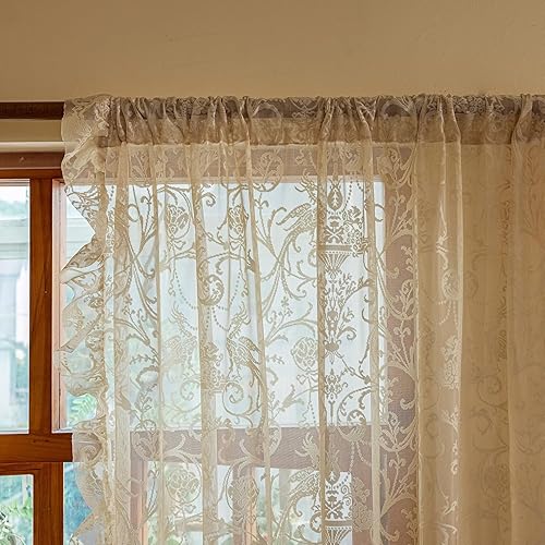 Miniatura 2 de Cortinas florales beige de 108 pulgadas de largo  Cortinas transparentes de encaje elegante para comedor, 60s 70s retro flor volantes privacidad