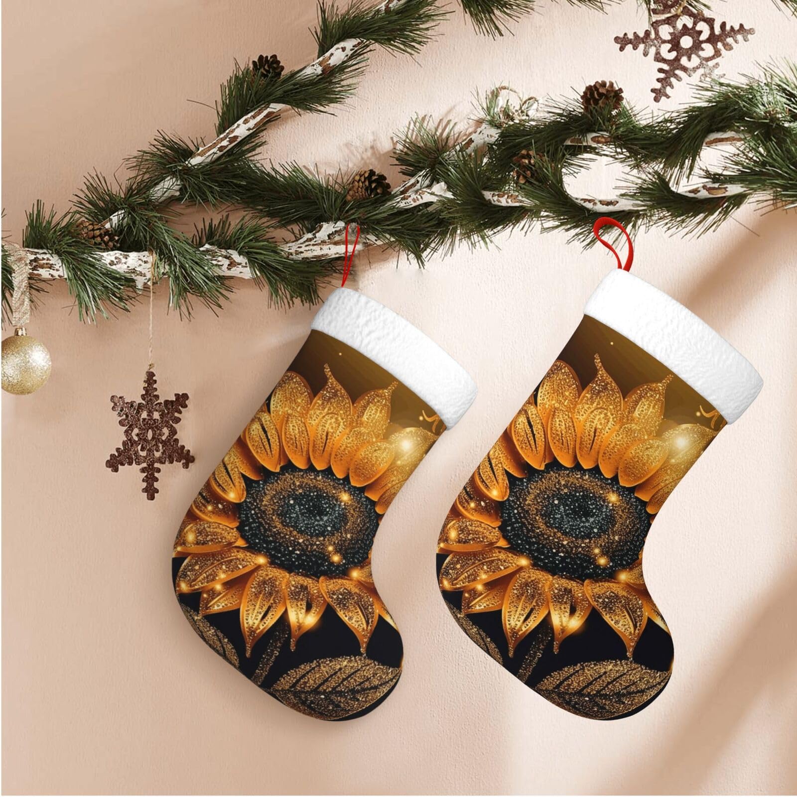 17.7" Christmas Stocking 1 Piece, Sparkling Sunflower Xmas Stockings with White Plush Cuff Fireplace Hanging Stocking for Christmas Holiday Party Decoration