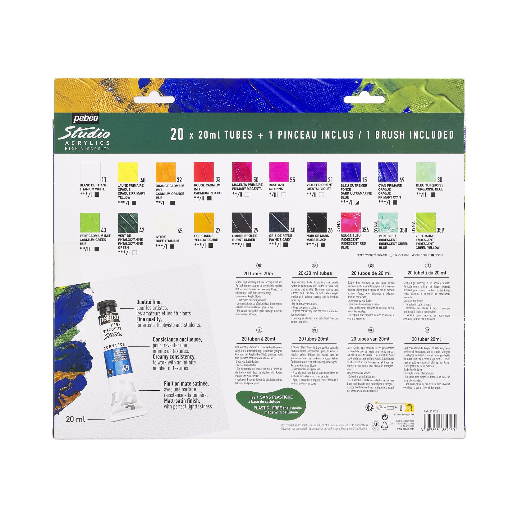 Pébéo Studio Acrylics - Kit di Pittura Acrilica - 20 Tubetti da 20 ml + Pennello - Colori Assortiti - Ideale per Artisti e Principianti