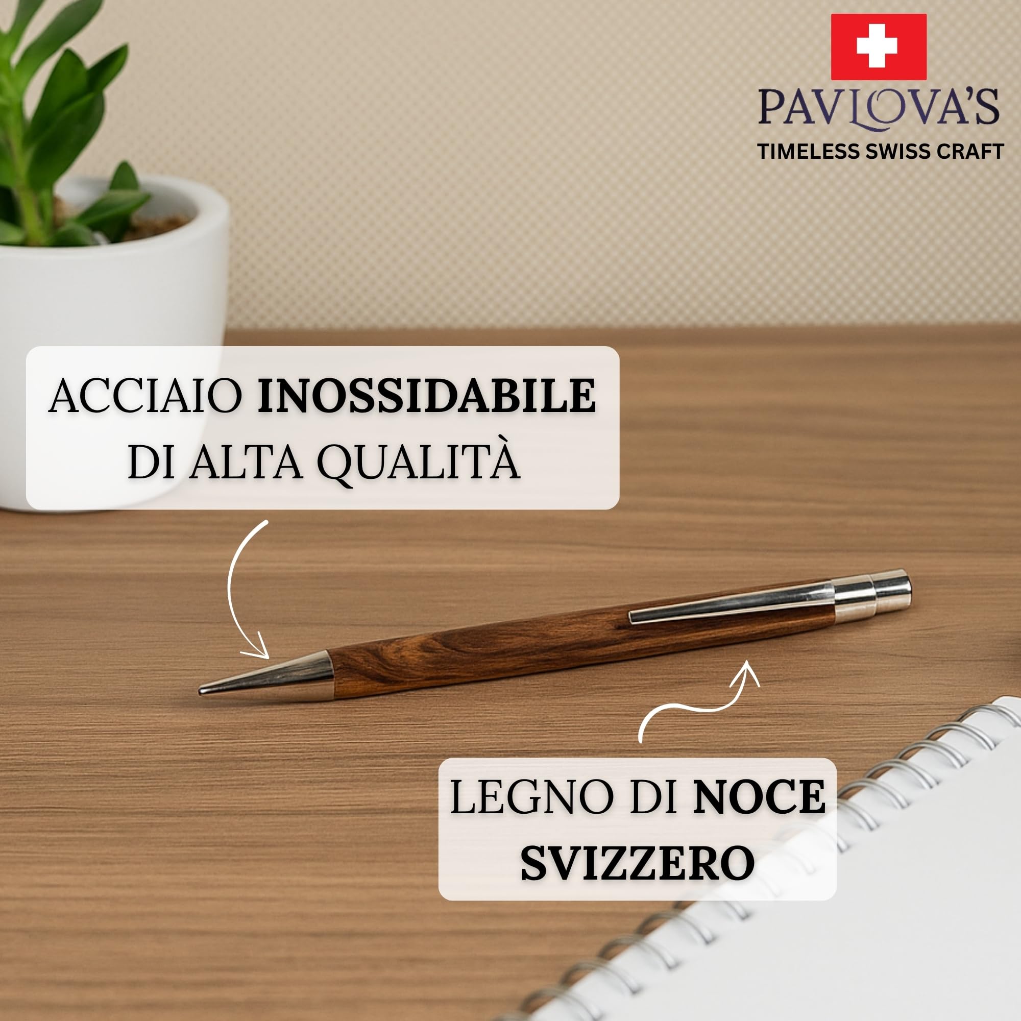 PAVLOVA'S Penna a Sfera in Noce e Acciaio Inossidabile – Artigianale Svizzera – Design Ergonomico – Confezione Regalo – Mina Nera e Ricambio Blu – Garanzia 10 Anni – Edizione Limitata
