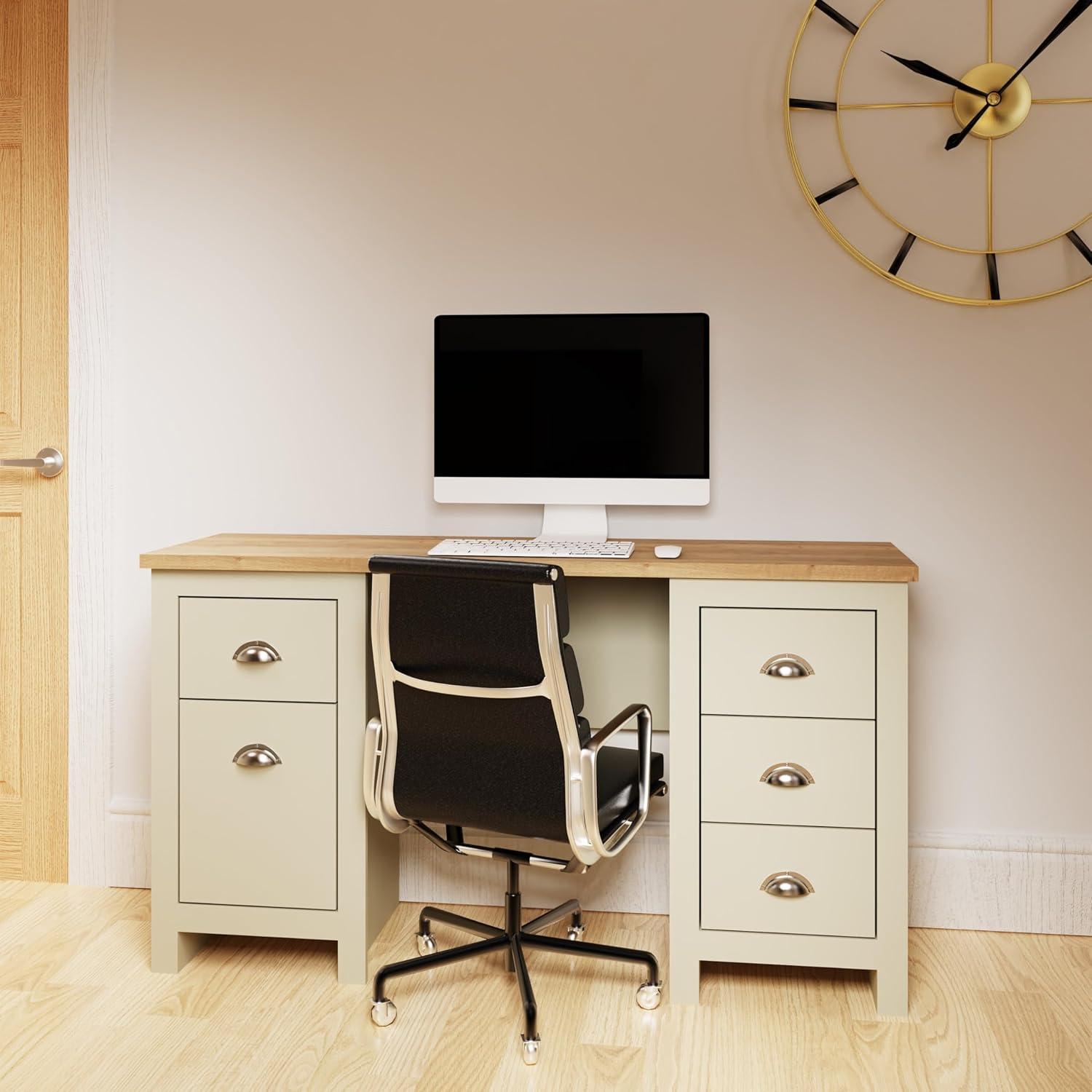 Timber Art Design UK Lisbon Cream Double Pedestal Study Desk, Laptop