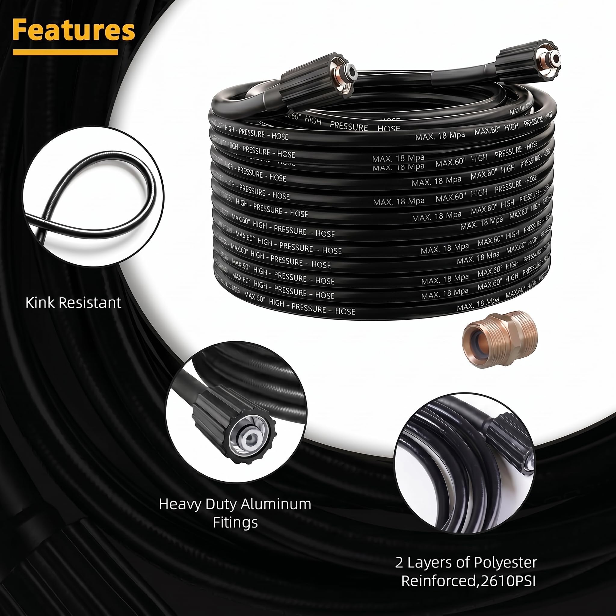 YUET 15M Tuyau de Rechange d'extension pour Nettoyeur Haute Pression, Flexible Tuyaux avec M22 Fileté Mâle Remplacement Connecteur pour Karcher Standard M22-14 Connexion