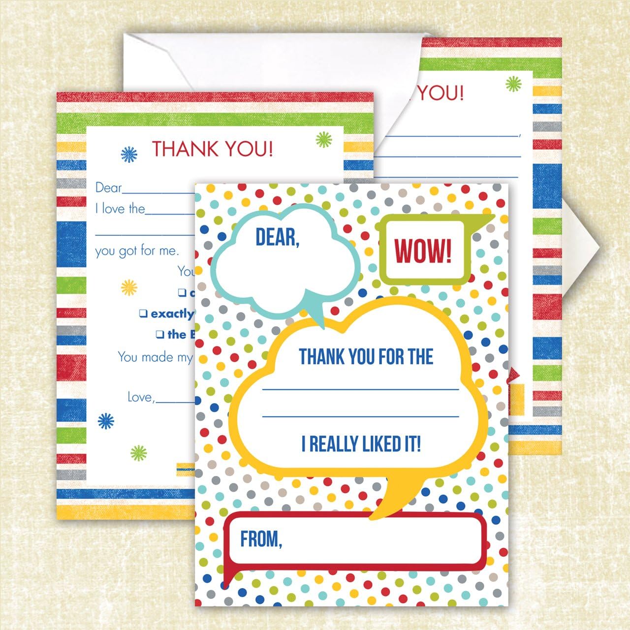 Canopy Street Dots and Stripes Kids Thank You Note Card Pack / 20 Fill In Childrens Colorful Thanks Cards With White Envelopes / 4 5/8" x 6 1/4" Kid Birthday Party Thank You - Image 6