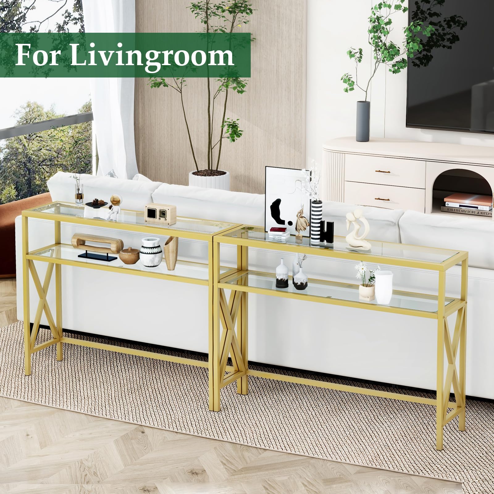 YMYNY Konsolentisch, Gehärtetes Glas Sofa Tisch, Industrieller Eingangstisch für Flur, Schmaler Sofastisch mit Regalen, Kompakter Anzeigetisch für kleine Räume, 101×25×80.5CM Golden HGD007G