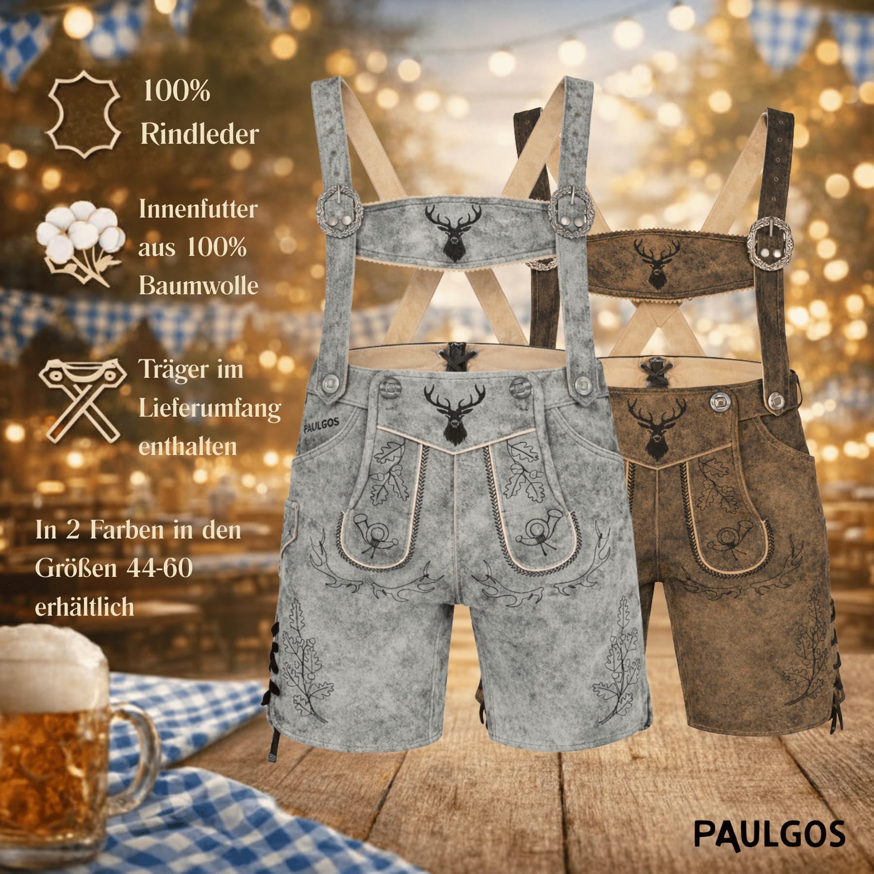 PAULGOS Herren Trachten Lederhose HK5-ANTIK+ Träger, Echtes Leder, Gr. 44-60