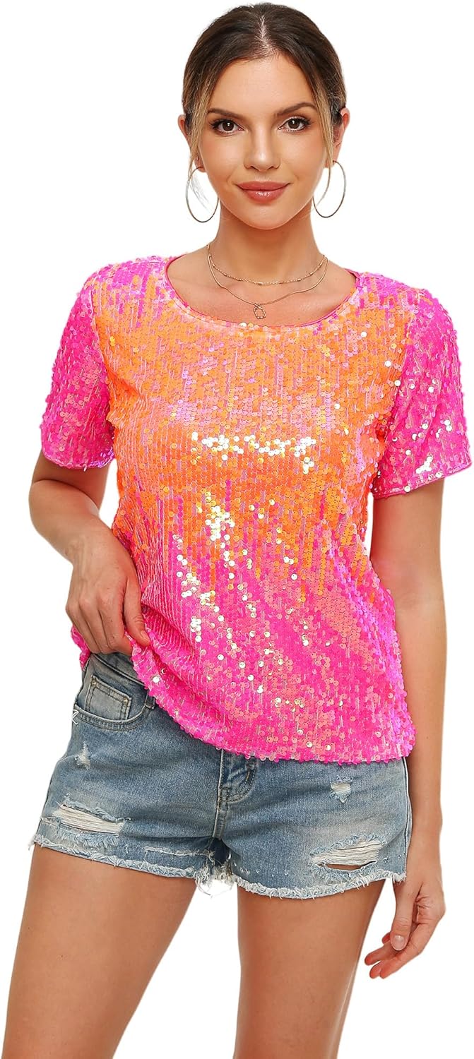 Womens Full Sequin Sparkle Tops Shimmer Glitter Round Neck Short Sleeve Shirt Summer Disco Party Tee Shirts Tunic Blouse