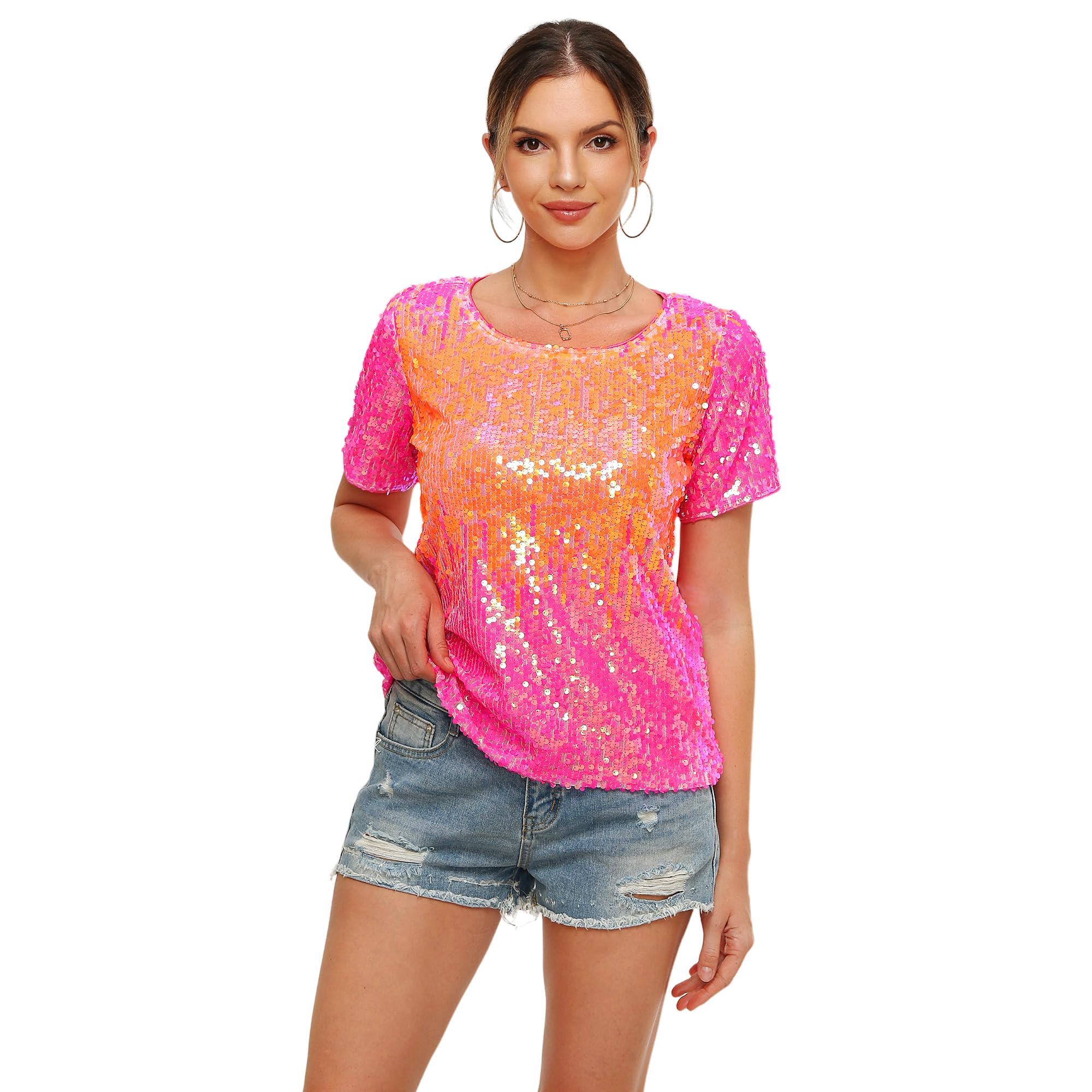 Womens Full Sequin Sparkle Tops Shimmer Glitter Round Neck Short Sleeve Shirt Summer Disco Party Tee Shirts Tunic Blouse