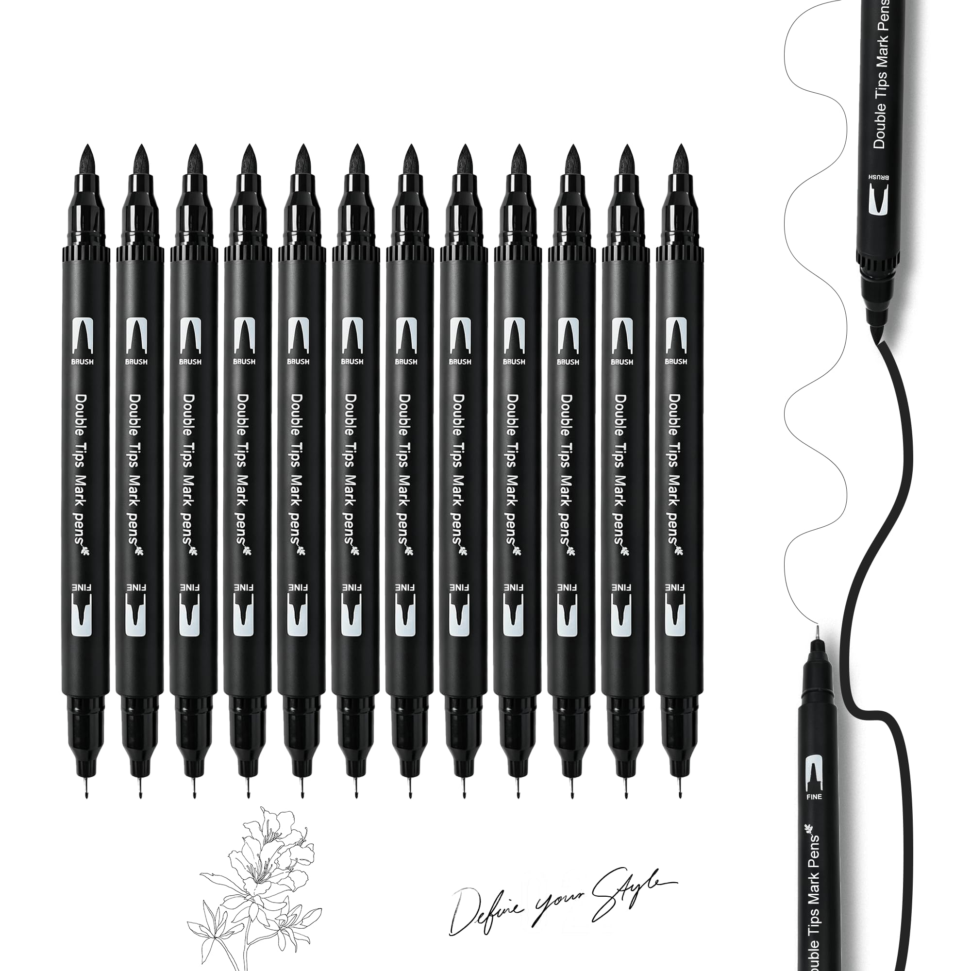 Mitoymia Black Felt Tip Pens,12 Pack Dual Tip Blacks Colouring Pens with 0.4mm Fine Tip & 1-2mm Black Brush Pens for Drawing, Sketching,Writing,Journaling and Calligraphy