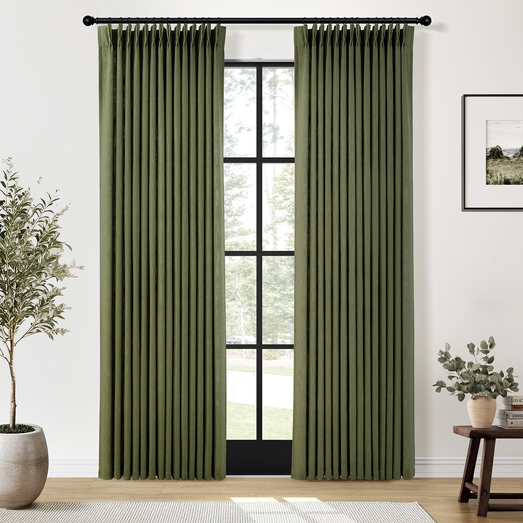 Photo 1 of Olive Green Pleated Linen Curtains 96 Inches Long for Living Dining Room Bedroom Light Filtering Boho Window Drapes 2 Panels with Hooks Rings Clips Sliding Glass Door Semi Sheer Curtain Pinch Pleat