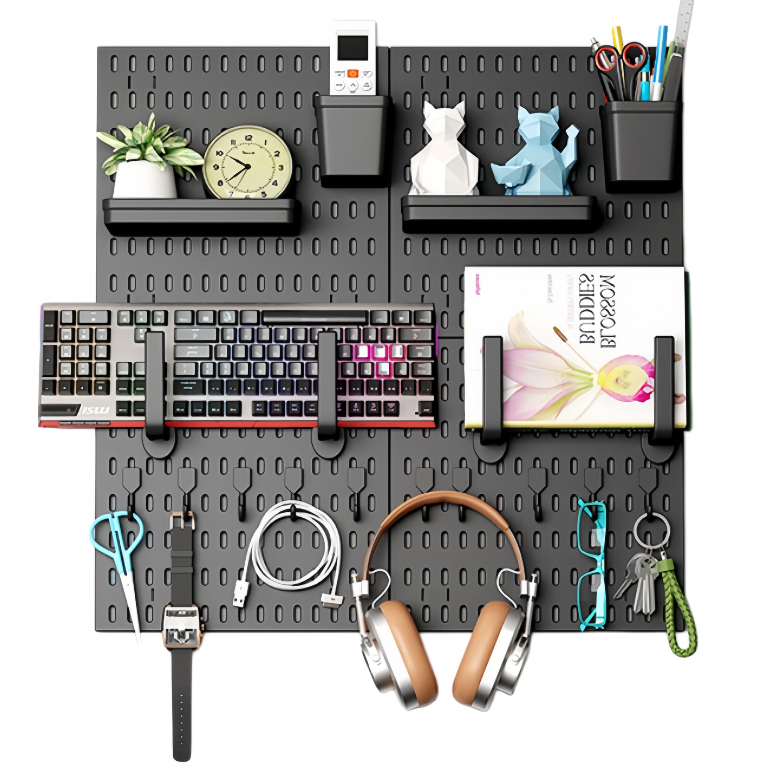 SKYFREIGHT Pegboard Wall Organizer Kit,Easy Installation,PP Plastic Pegboard Panels,Heavy Duty Peg Board for Walls Home, Garage Tool Storage, Office Organization, Craft Room, Kitchen (Black, 24”x24”)