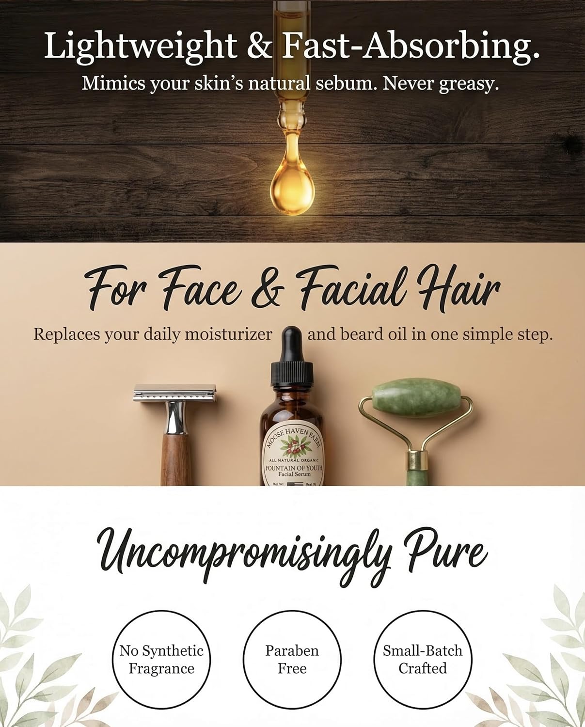Fountain of Youth Facial Serum Lightweight All-Natural Face & Beard Oil – Minimal Plant-Based Ingredients for Daily Hydration – No Synthetic Fragrance | 2 oz Bottle