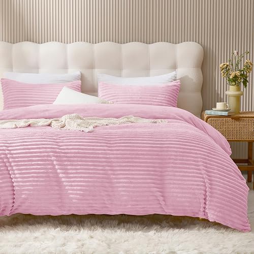 JELLYMONI Plush Duvet Cover Set - Queen Size Pink Striped Fluffy Comforter Cover