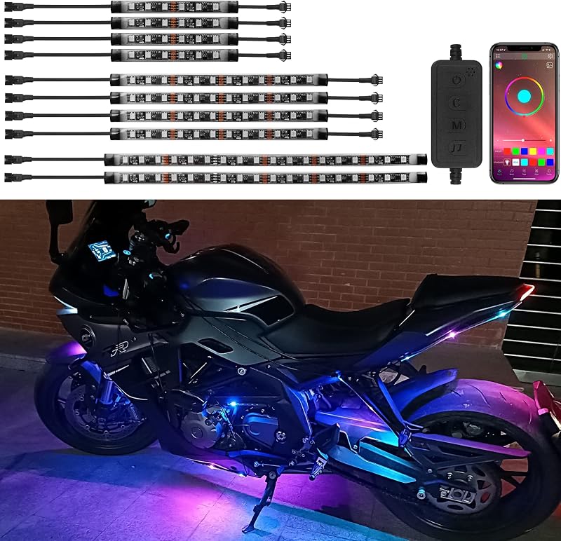 10Pcs Motorcycle LED Underglow Kit APP for Harley Honda Suzuki | RGB LED strip lights for motorcycle night riding, under glow lights with APP music sync mode, compatible with Kawasaki