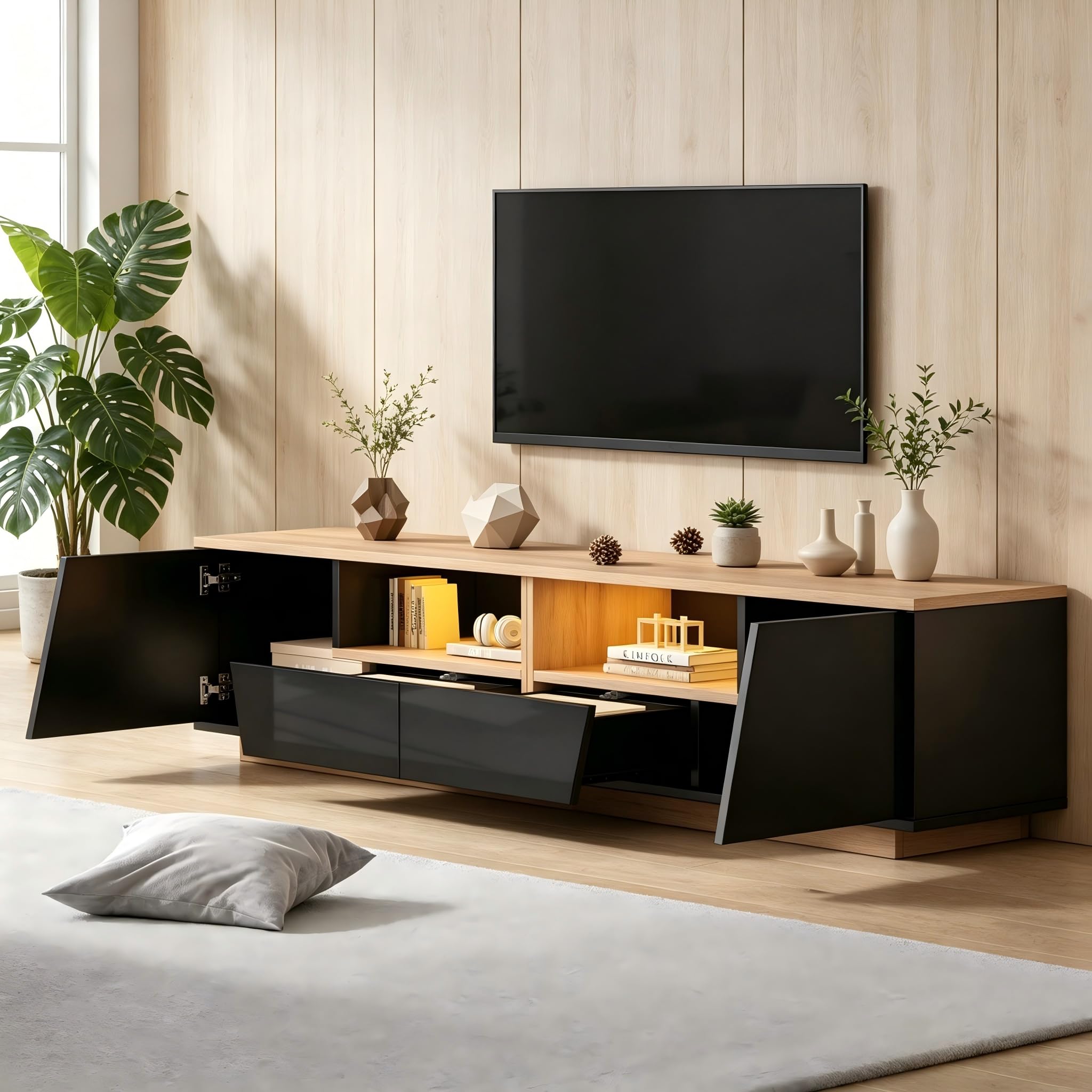 SACOOL Armario para televisión de 180 x 40 x 46 cm, 2 cajones, 2 armarios, armario bajo brillante, adecuado para televisores de 75 pulgadas, negro + empalme de color madera