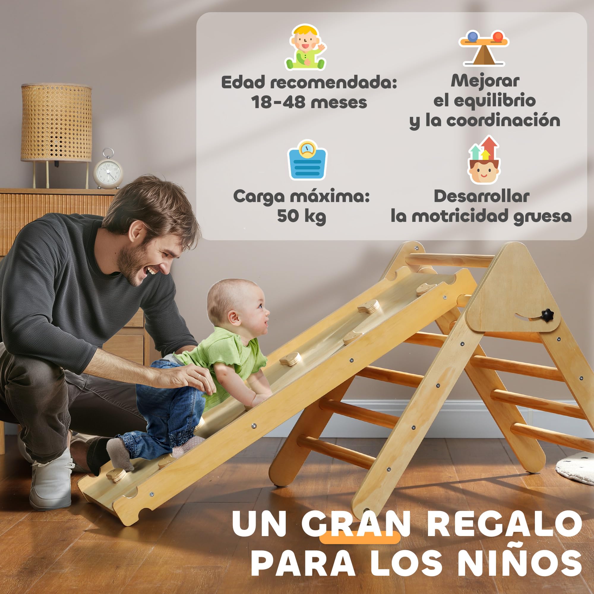 AIYAPLAY 3 en 1 Triángulo de Escalada Montessori, Escalada para Niños de Madera Plegable, para18-48 Meses, con Rampa, para Deslizarse o Escalar, 147x64,5 cm, Natural