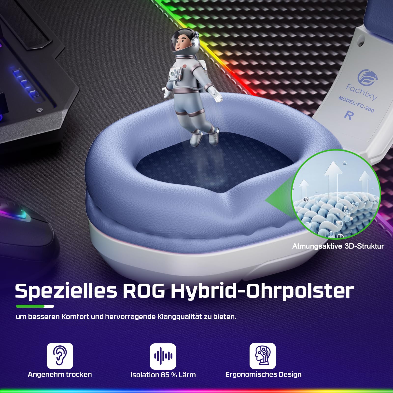 Fachixy FC200 Gaming-Headset für PS4/PS5/PC/Xbox One, Geräuschunterdrückung, Gaming-Kopfhörer, Headset mit Stereo-Mikrofon-Sound mit 3,5-mm-Klinkenstecker mit RGB-Licht - Weiss-LILA