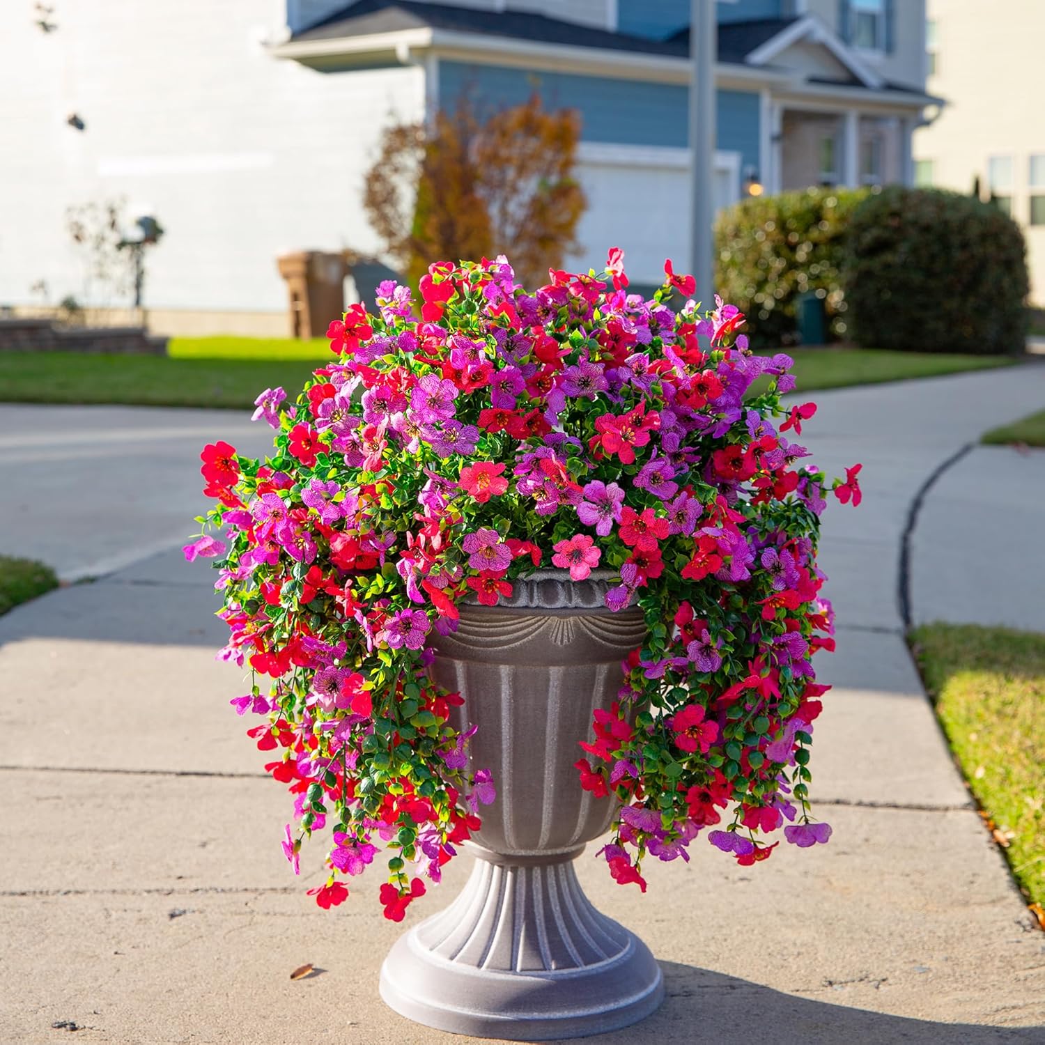 Artificial Faux Hanging Flowers Plants for Outdoor Decor, 2 PCS Outside Fake Silk Violets with Eucalyptus UV Resistant Realistic Daisy Trailing Vines for Planter Balcony Porch Patio Yard, Purplepink - Image 3