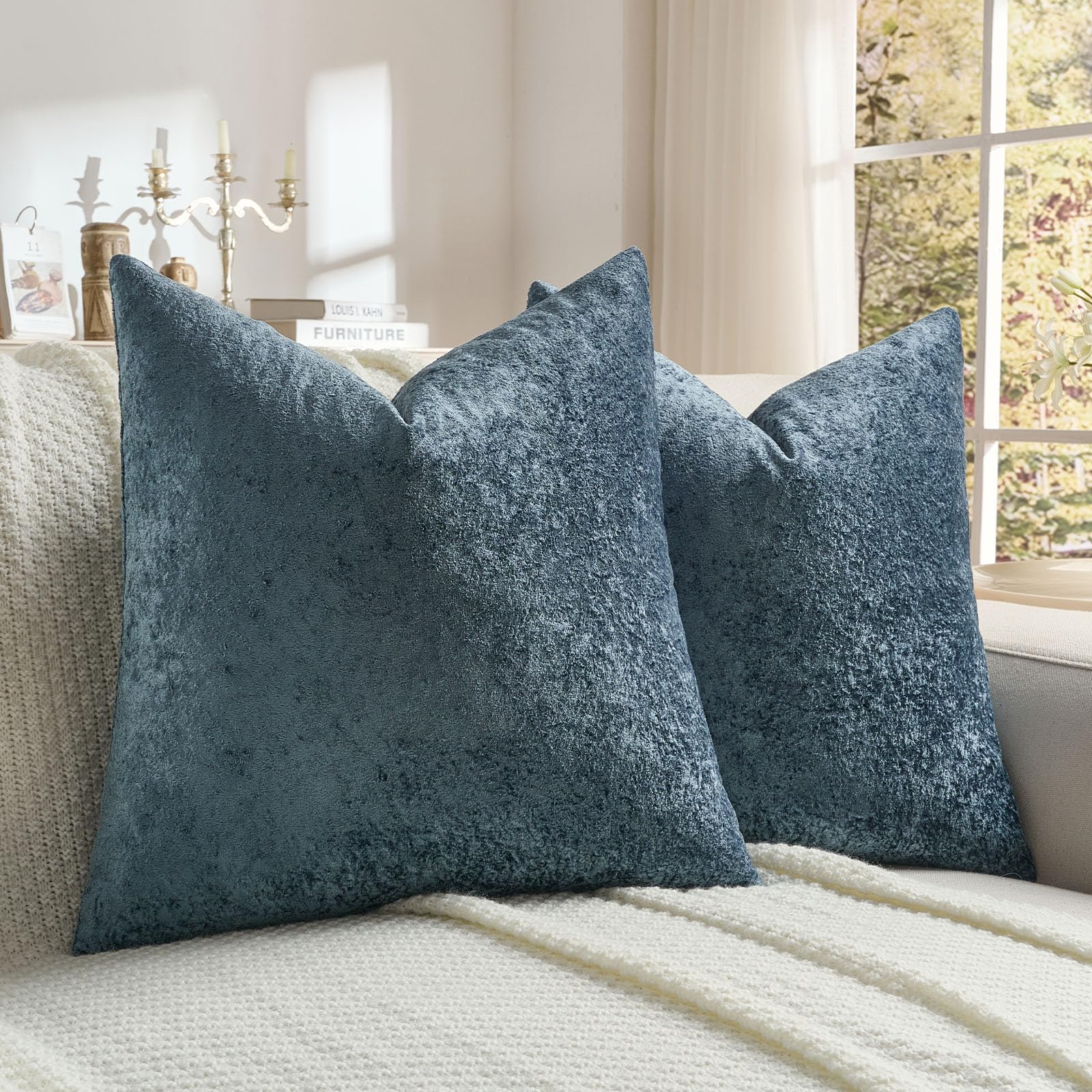 FUTEI Set of 2 Soft Flannel 65x65 cm Cushion Covers Crushed Textured Solid Scatter Euro Pillow Shams 65 x 65 cm Modern Accent for Sofa Bedroon Living Room, Navy — image 1
