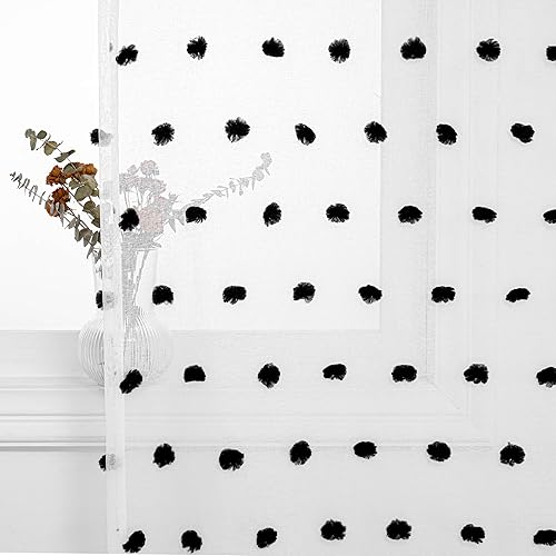 Miniatura 9 de MYSKY HOME Cortinas cortas para dormitorio, cortinas traslúcidas con pompones negros de 54 pulgadas de largo, cortinas para cocina, baño, habitación