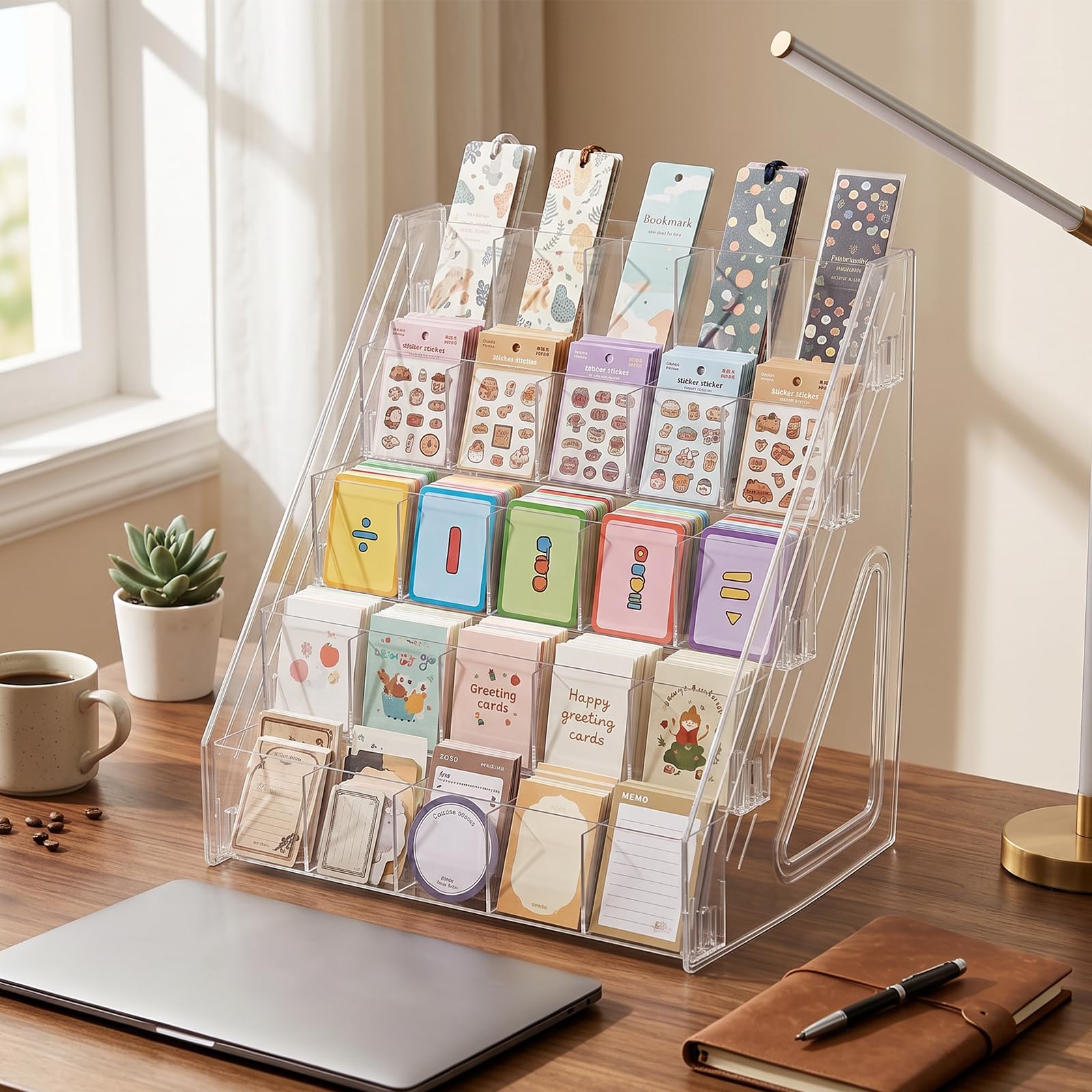 GUIJZSLTRG 5 Tier Acrylic Card Display Stand 33.3x24x35.7cm Clear Greeting Card Display Stand & Postcard Holder, Tiered Retail Rack Organizer for Trading Cards, Stickers, CDs, Craft Fairs