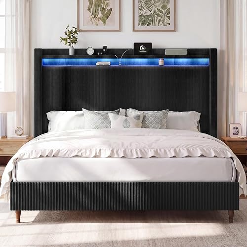 Queen Size Bed Frame with 55.3" Tall Headboard, Corduroy Upholstered,Black