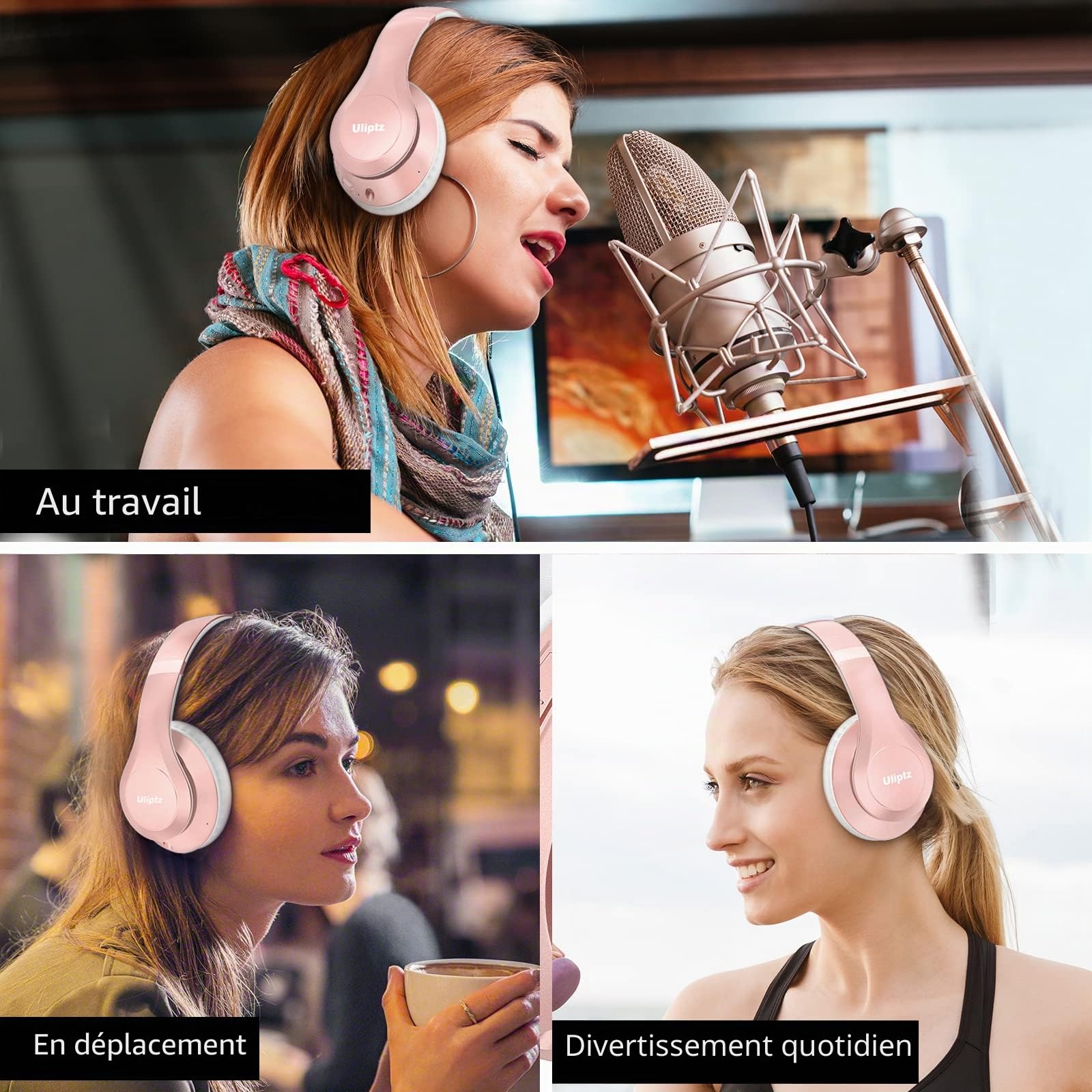 Uliptz Casque Bluetooth sans Fil, 65 Heures de Lecture Casque sans Fil Bluetooth avec Micro 6 Modes EQ, Casque Audio Bluetooth 5.3 Pliable pour Voyage/Bureau/PC (Or Rose)