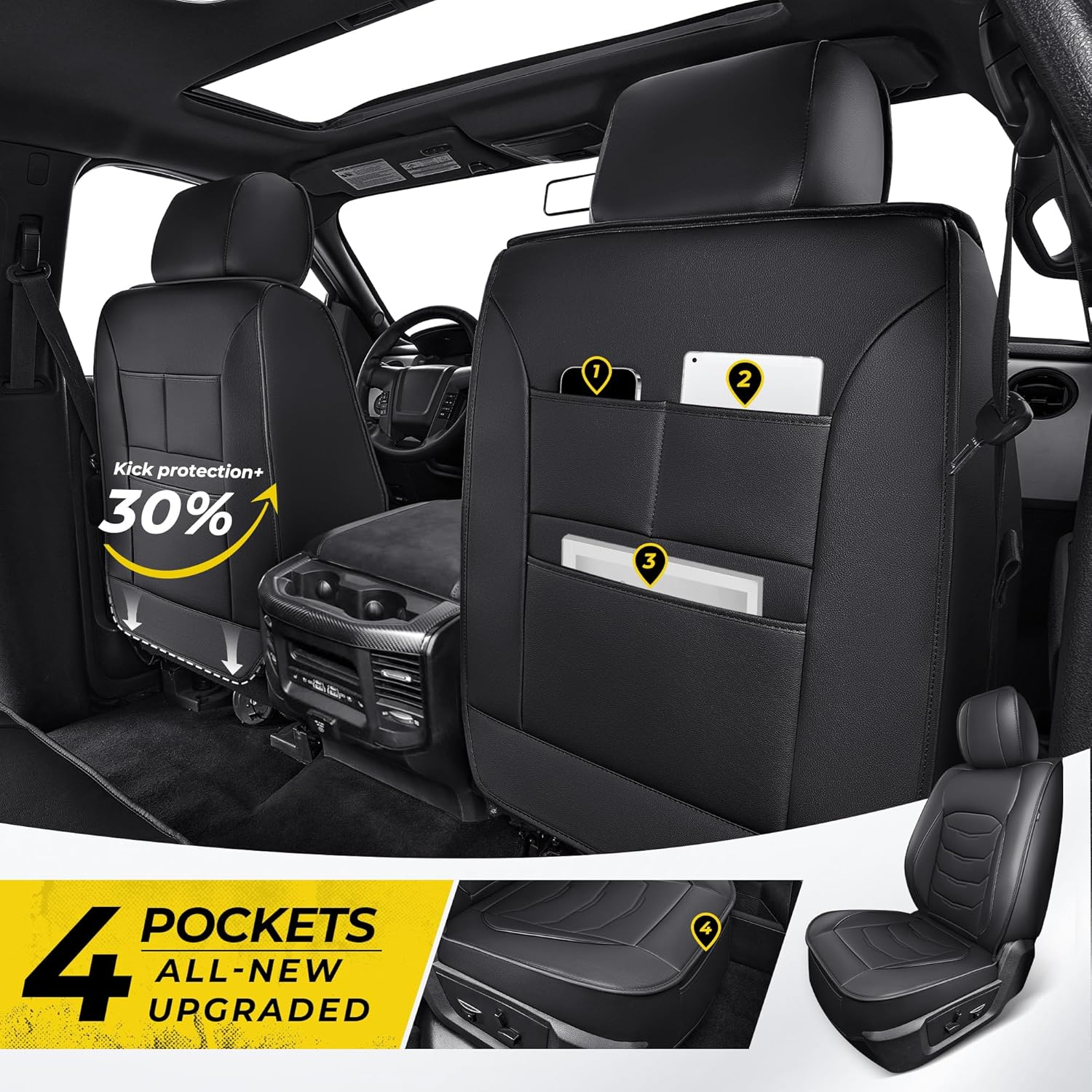 Dodge RAM 1500 2500 3500 Seat Covers 2002-2026 Crew Quad Cab Classic Bighorn Longhorn Laramie Tradesman Waterproof Truck Seat Covers Faux Leather for Curved Rear Seat(Black,5 Full Set)