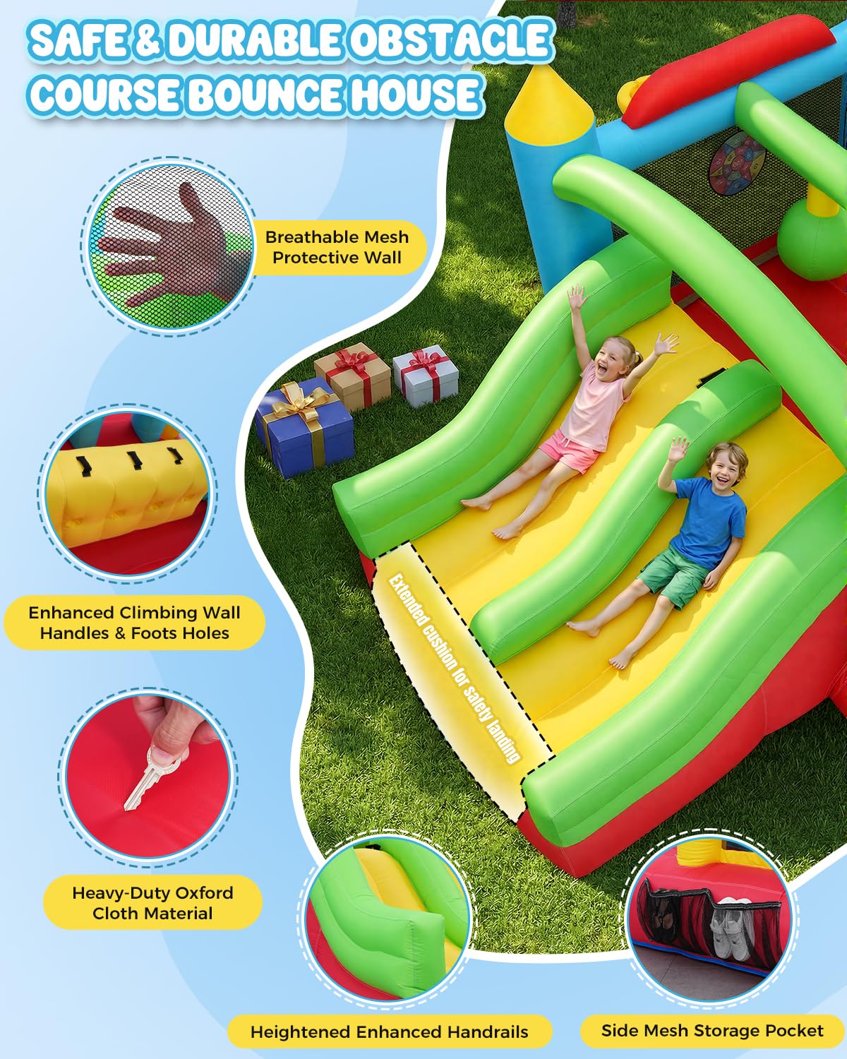 AKEYDIY Château gonflable pour enfants, parcours d’obstacles gonflable de 4,7 x 2,7 m avec zone de saut, doubles toboggans, tunnels, murs d’escalade, paniers de basket, cibles, château gonflable pour