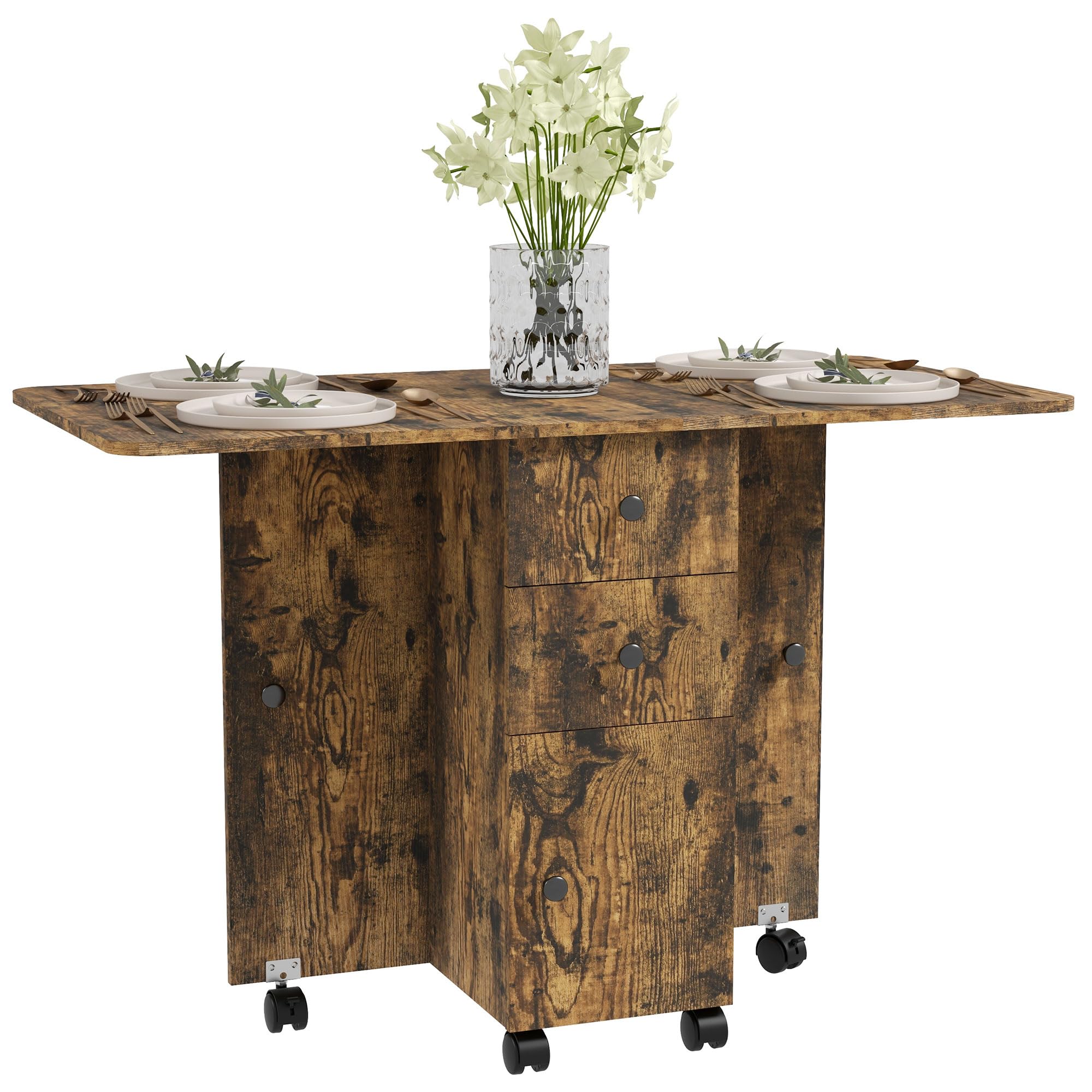 HOMCOM 60-120 cm Folding Dining Table for 4-6, Rolling Drop Leaf Table on Wheels with Storage Drawers, Cabinet and Open Shelf for Small Spaces, Kitchen, Dining Room, Flat, Rustic Brown