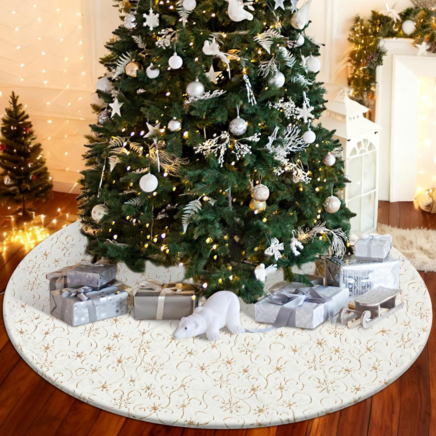 Libima 70 Inches Large Christmas Tree Skirt Faux Fur Red Xmas Tree Skirt Plush Velvet with Silver Sequins Snowflakes for Xmas Decorations Merry Christmas Party Winter Holiday Ornaments