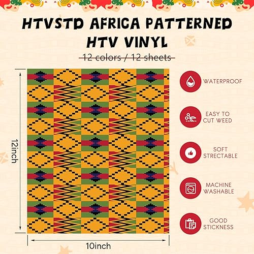 Miniatura 2 de HTVSTD Kwanzaa HTV Vinilo de transferencia de calor  12 hojas (12 x 10 pulgadas) patrones de África HTV vinilo de transferencia de calor con