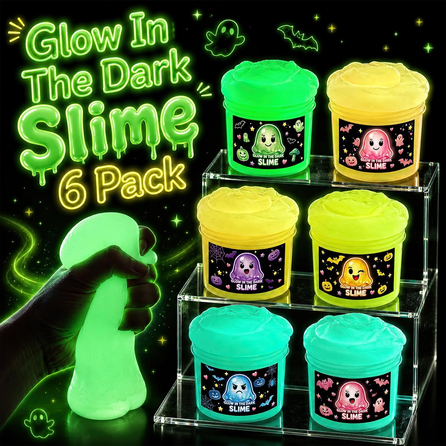 6 Pack Glow in the Dark Slime Kit for Kids, Soft Slow-Stretch Slime with Ghost Charms, Character Cards & Bottle Stickers, Sensory Fidget Toys, Halloween Party Favors Birthday Gifts Ages 3+
