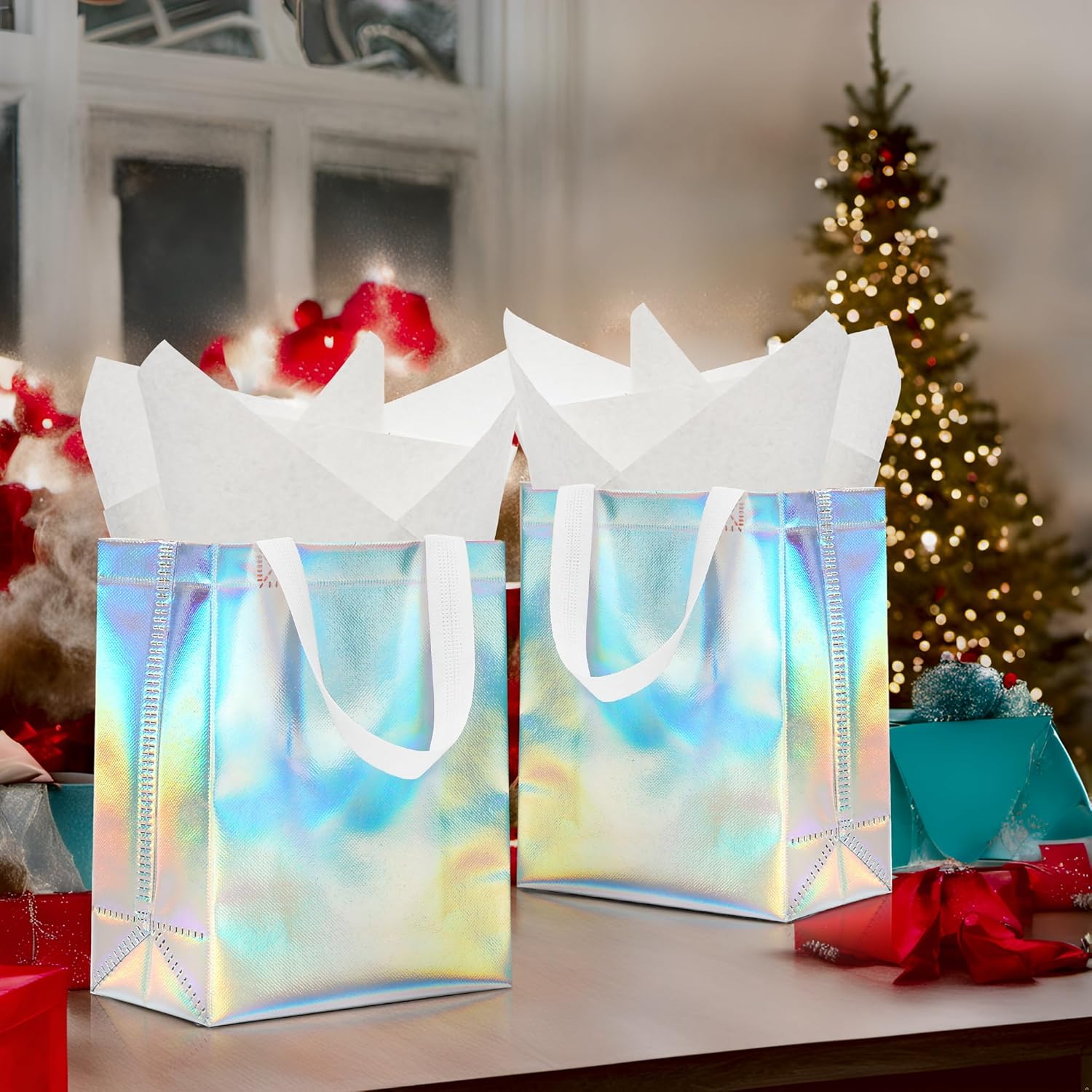 KeerxunBag 12pcs Reusable Gift Bags（Includes Tissue Paper） Gift bag with handle Birthdays Parties Holidays Weddings Medium 10x4x8in holographic Gift Bags - Image 9