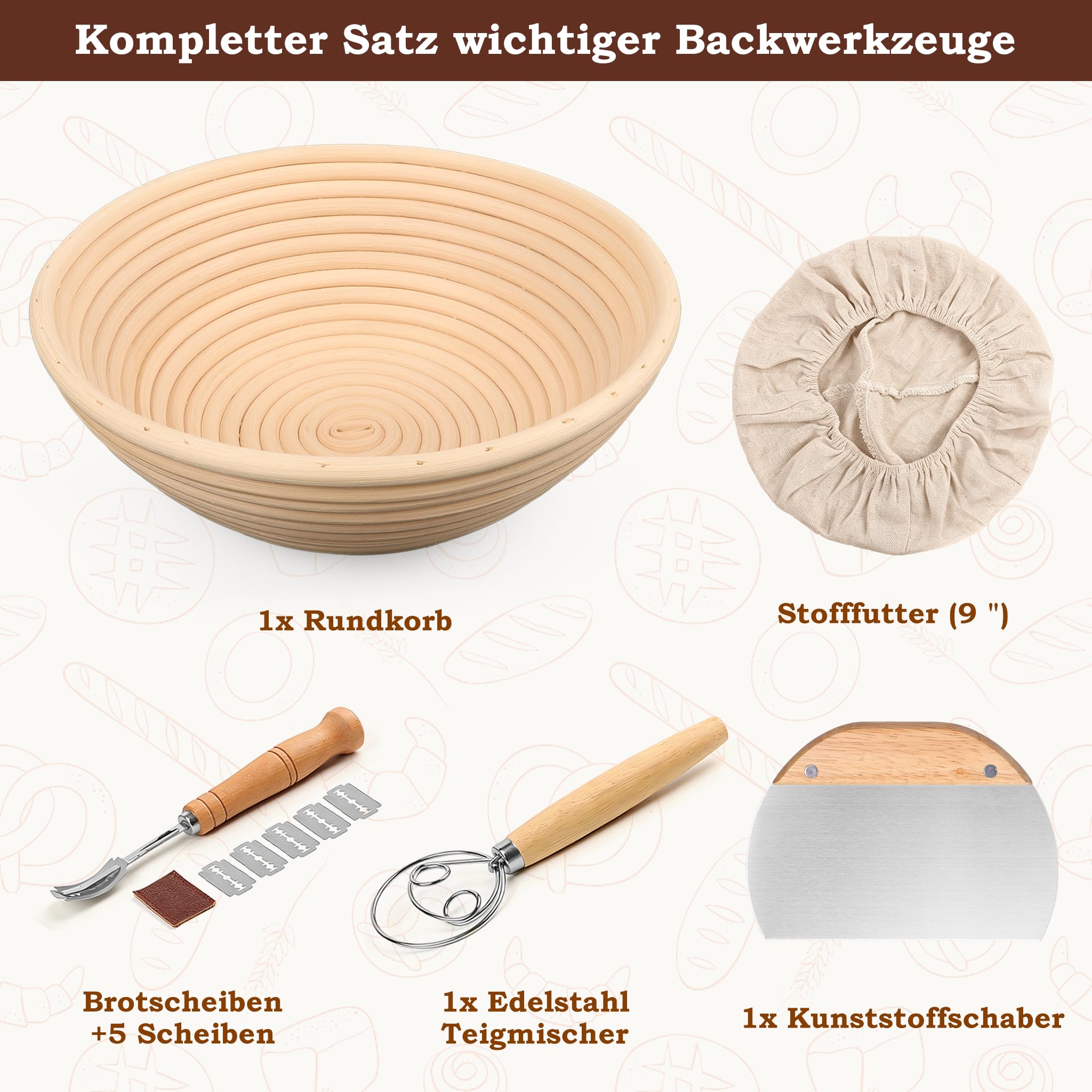 FIVAVA Gärkorb Brot Set, Gärkörbchen Rund 23cm,Brot Backen Zubehör Hochwertiges Rattan Mit Leinenbezug,Teigbesen,Bäckermesser,Teigbesen für Anfänger & Profibäcker,Brotgärkorb,Brotbacken
