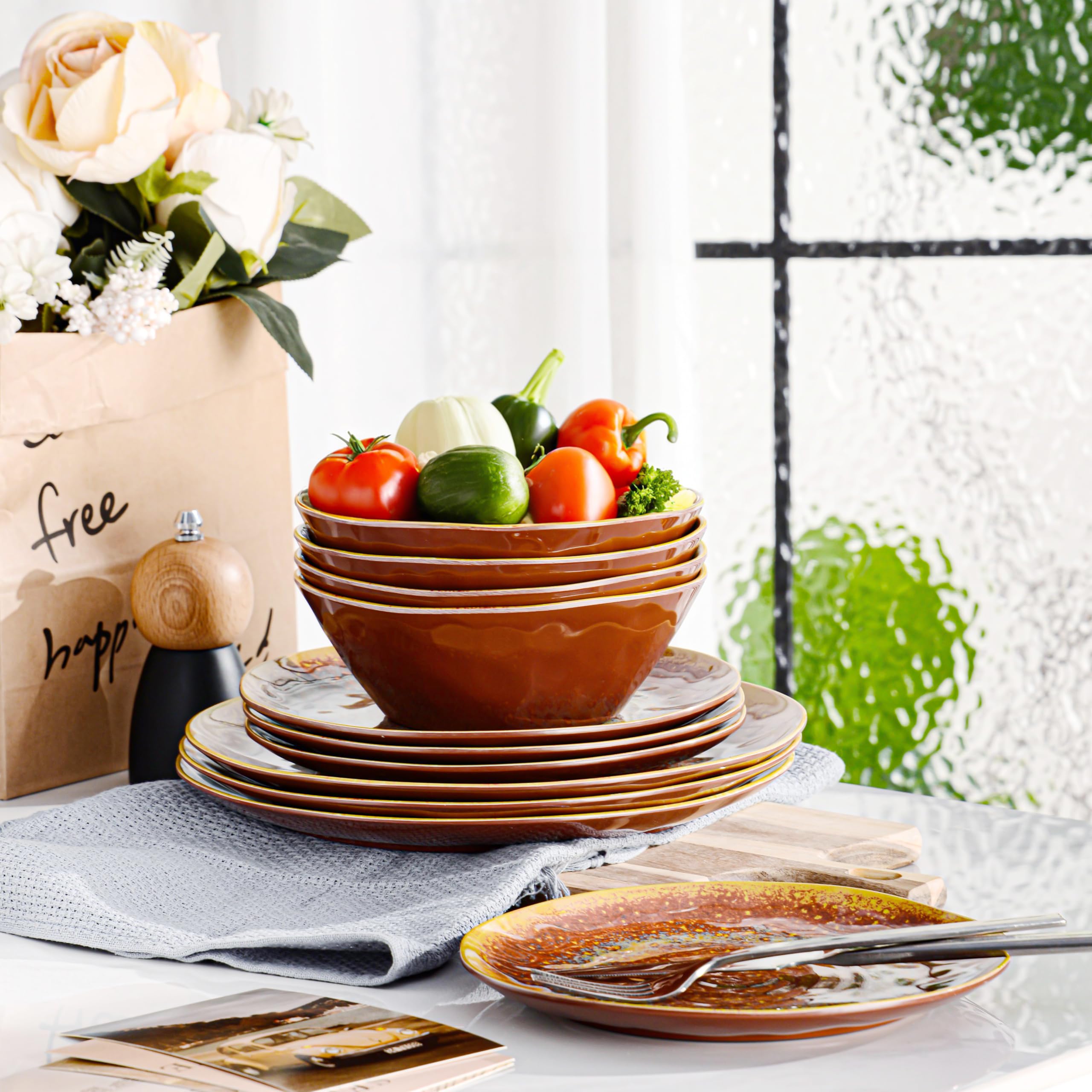 Vaisselle Camping 4 Personnes Vaisselle Camping Mélamine 12 Pièces - 4 Assiettes, Bols, Tasses Incassables Service Vaisselle