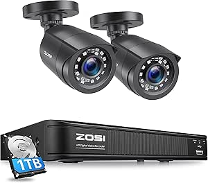 ZOSI H.265+1080p Home Security Camera System,8 Channel 5MP-Lite CCTV DVR with Hard Drive 1TB and 2 x 1080p Weatherproof Surveillance Bullet Camera Outdoor Indoor with 80ft Night Vision, Motion Alerts asin的图片