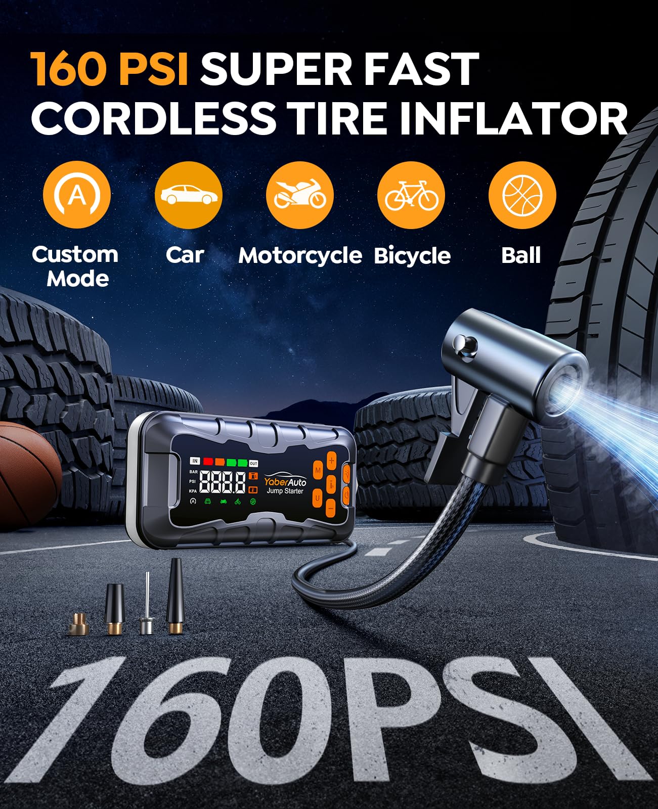 YaberAuto 16-in-1 Jump Starter with Air Compressor 8000A 160PSI Car Battery Jump Starter All Gas 14L Diesel 12V — view 3