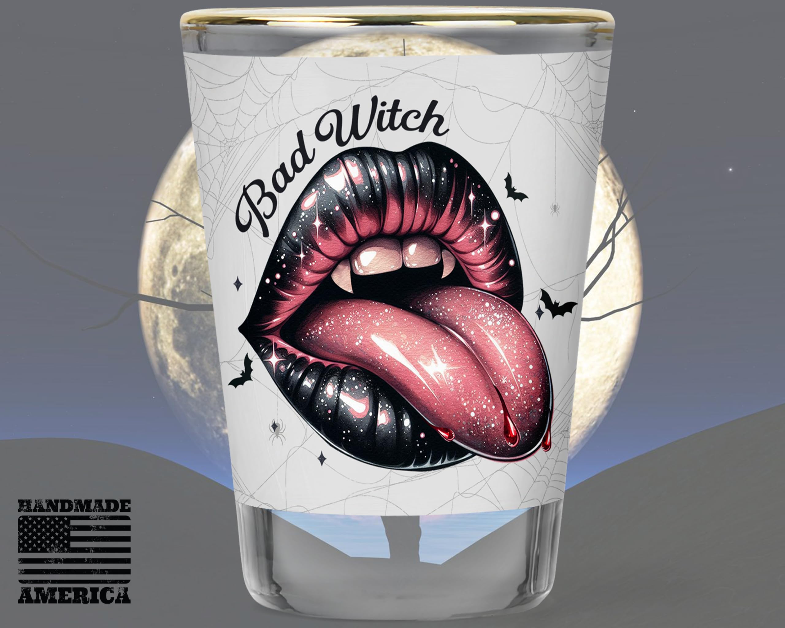 Bad Witch pink shot glass - Cobweb design shot glass - Halloween themed shot glasses - Witchcraft inspired shot glasses - Pink and black shot glass - Gothic style shot glasses - Spooky shot glasses
