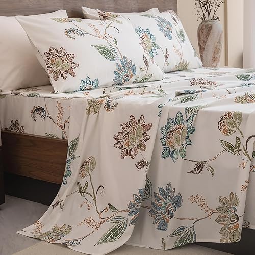 Miniatura 9 de QSH Sábanas Florales Tamaño King  Sábanas de Cama 100% Algodón Egipcio Florales con Patrón de Hojas Botánicas y Flores, Ropa de Cama Impresa Tamaño