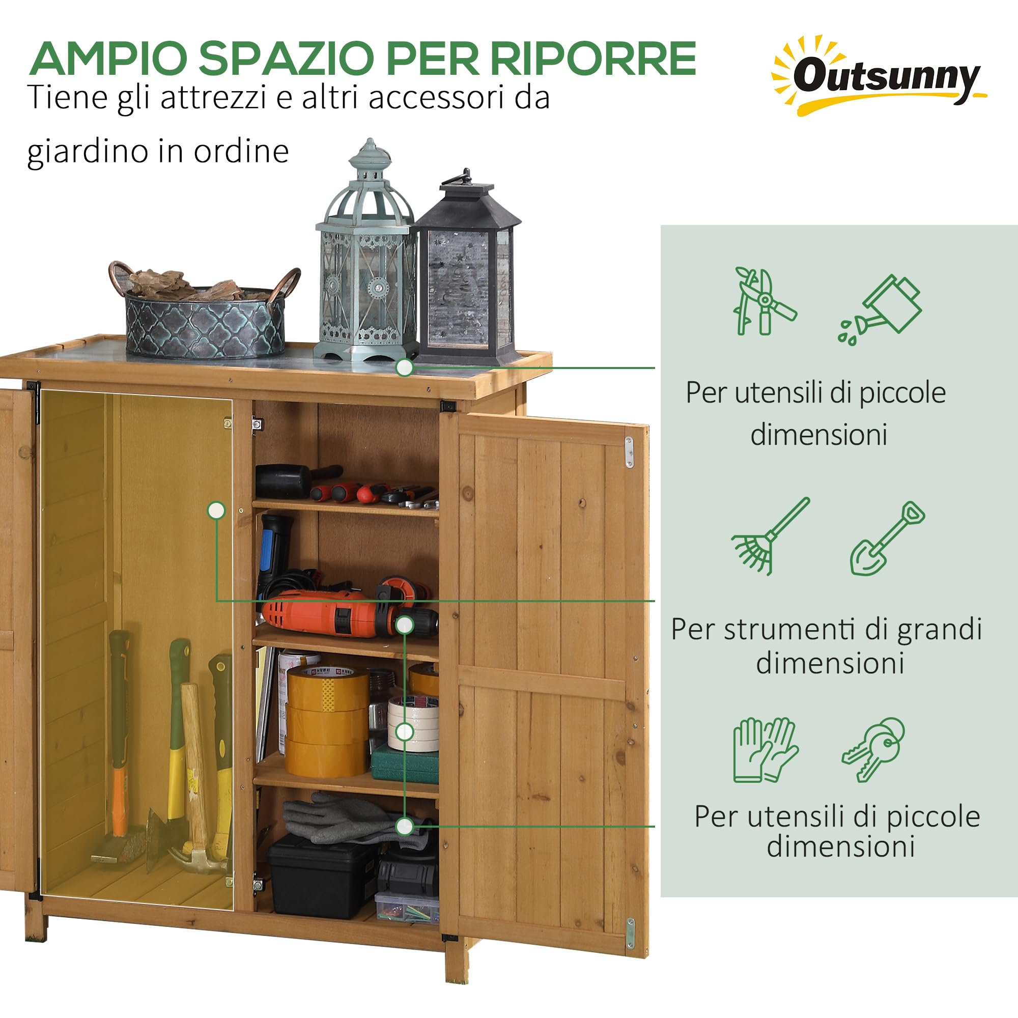 Outsunny Capanno Porta Attrezzi da Giardino con 2 Ante, 4 Scaffali e Base Rialzata, Casetta Attrezzi Giardino in Legno di Abete con Tetto in Lamiera Zincata e Chiusura Magnetica, 75x40x90 cm, Giallo