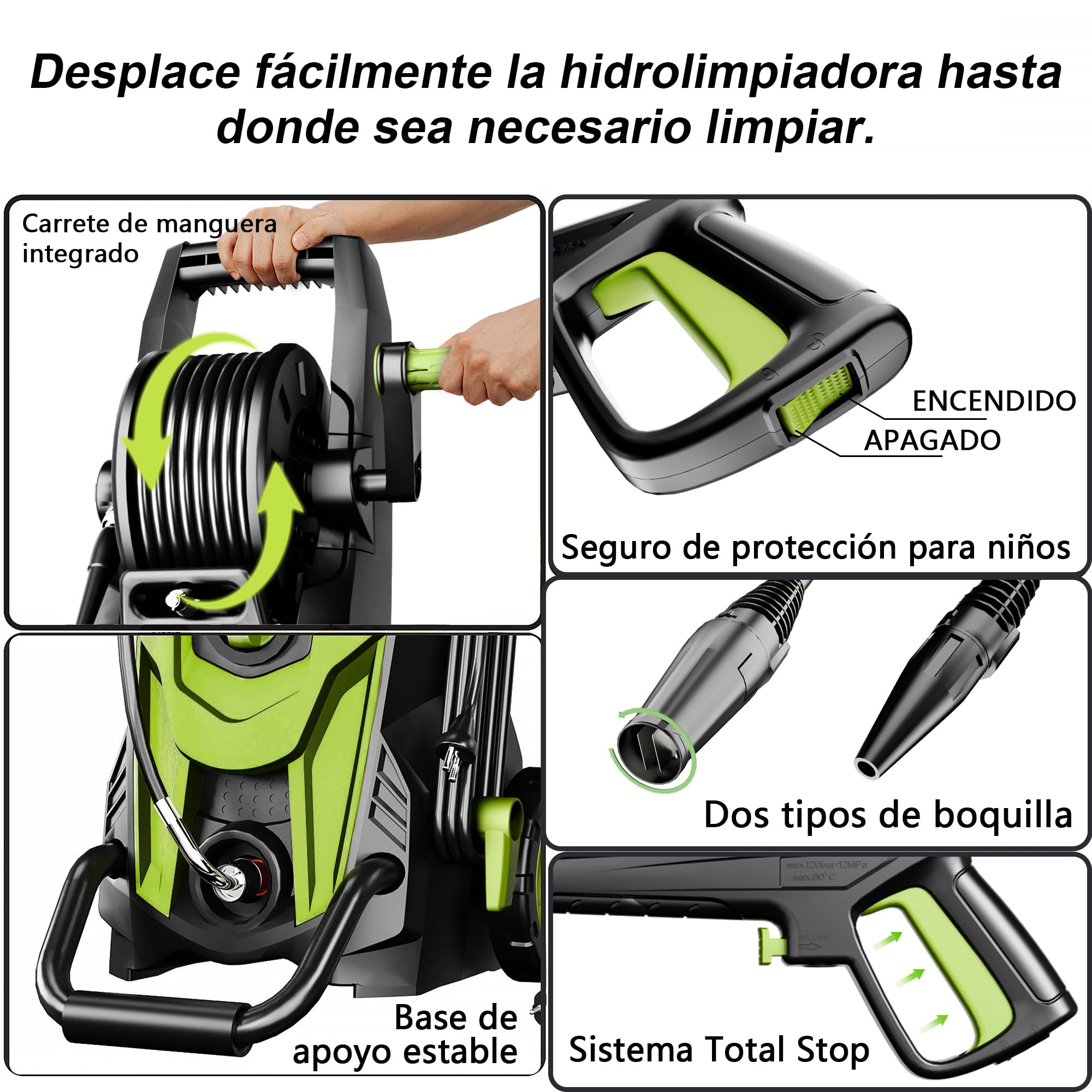 2026NEW Hidrolimpiadora de Alta Presión 180 Bar, 420 l/h, con Carrete para Manguera, Depósito de Espuma y Boquilla Ajustable 6 en 1, Rendimiento de hasta 50 m²/h, para Coche, Terraza y Jardín