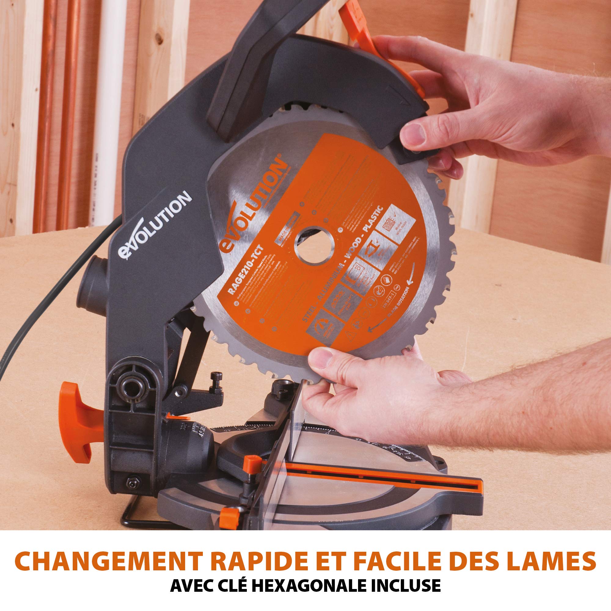 Evolution Power Tools Scie à Onglet Compacte 1200W 210mm Coupe Multi-Matériaux Lame TCT Incluse 45° Angle Onglet et Biseau R210CMS