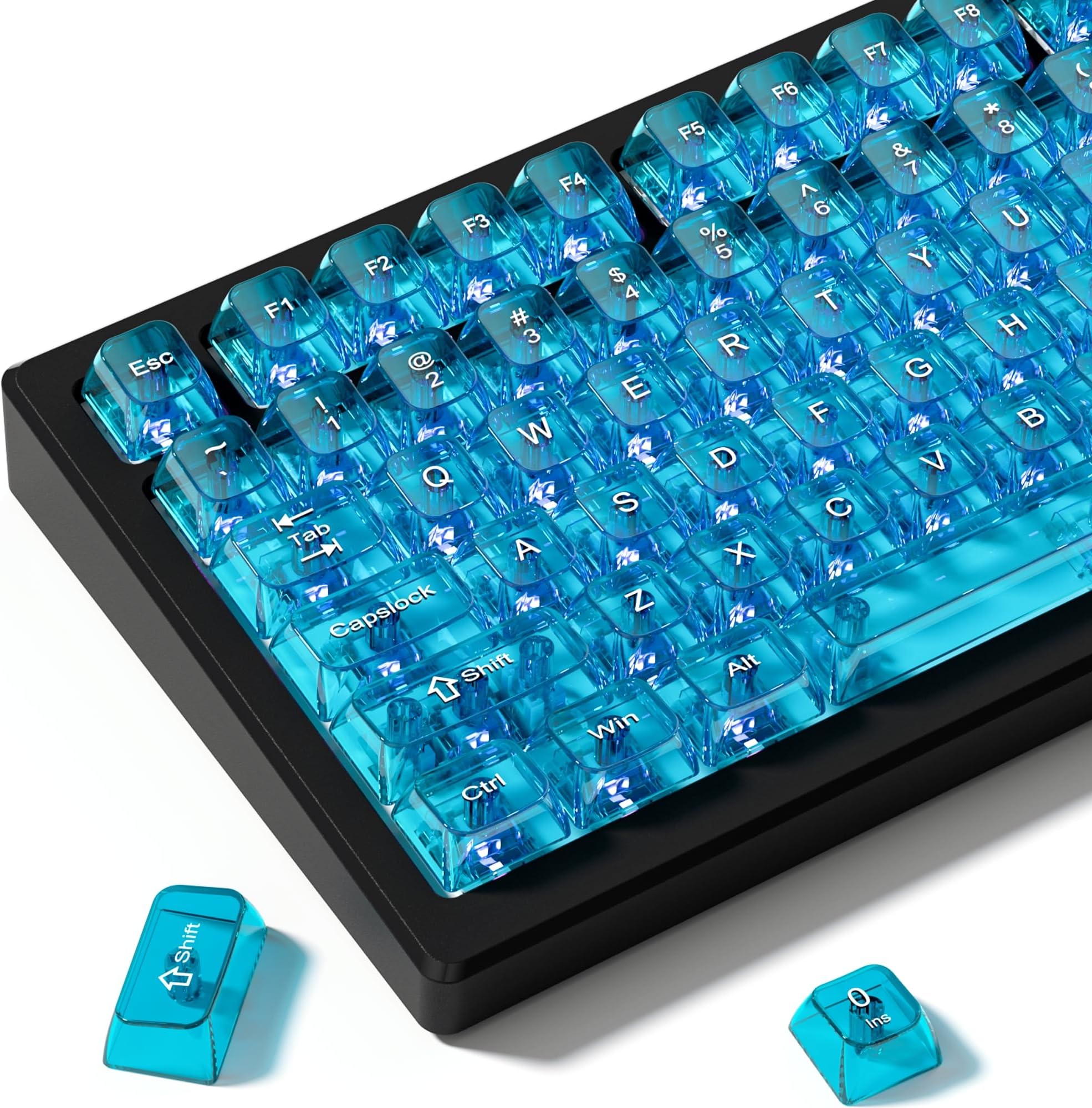 dagaladoo Blue Clear Key Cap,Transparent keycaps 60 75 Percent,Ceramic Jelly keycap Set,Shine Through,PC Material,Cherry Profile Keyboard caps for Mx Switches Mechanical Keyboard(only keycaps)