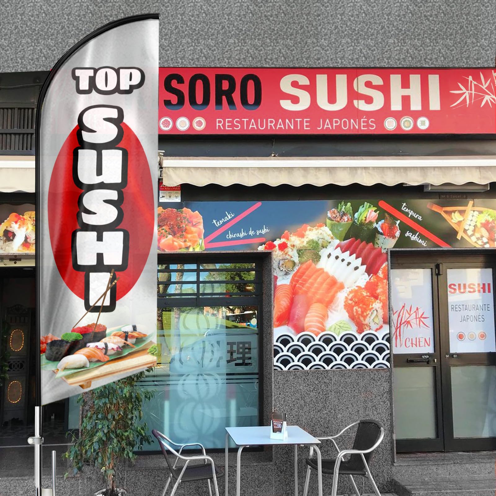Bandiera con piume di sushi, 340 cm, striscione pubblicitario con kit di pali e picchetto, tessuto in poliestere e asta in alluminio, per ristorante di sushi, negozio di alimentari giapponesi