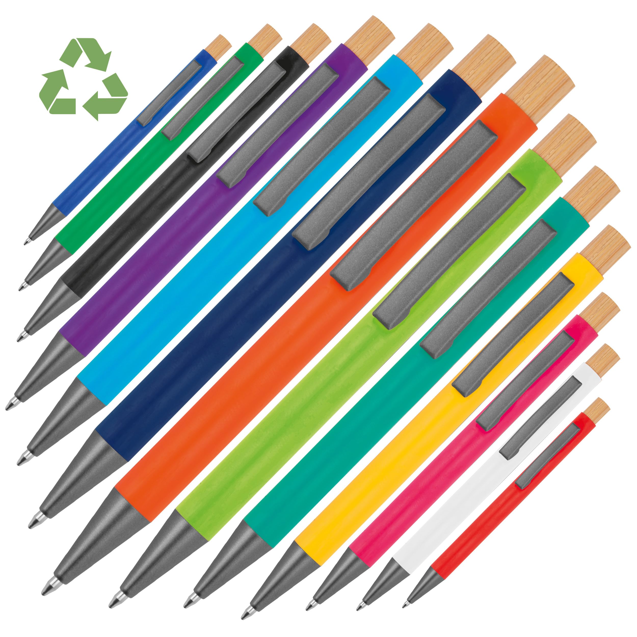 Schmalz® 50 Stück Kugelschreiber aus recyceltem Aluminium mit Bambusdrücker & Metallclip – Großraummine blau schreibend – personalisierbar mit Gravur und/oder Logo (50)