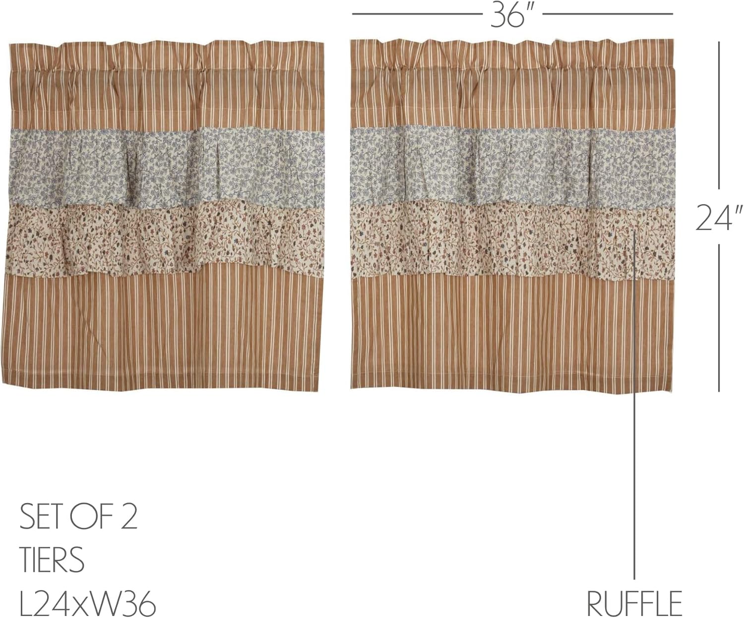 VHC Brands Kaila Country Cottage Ruffled Gold Ticking Stripe Curtain Tier Set 24Lx36W
