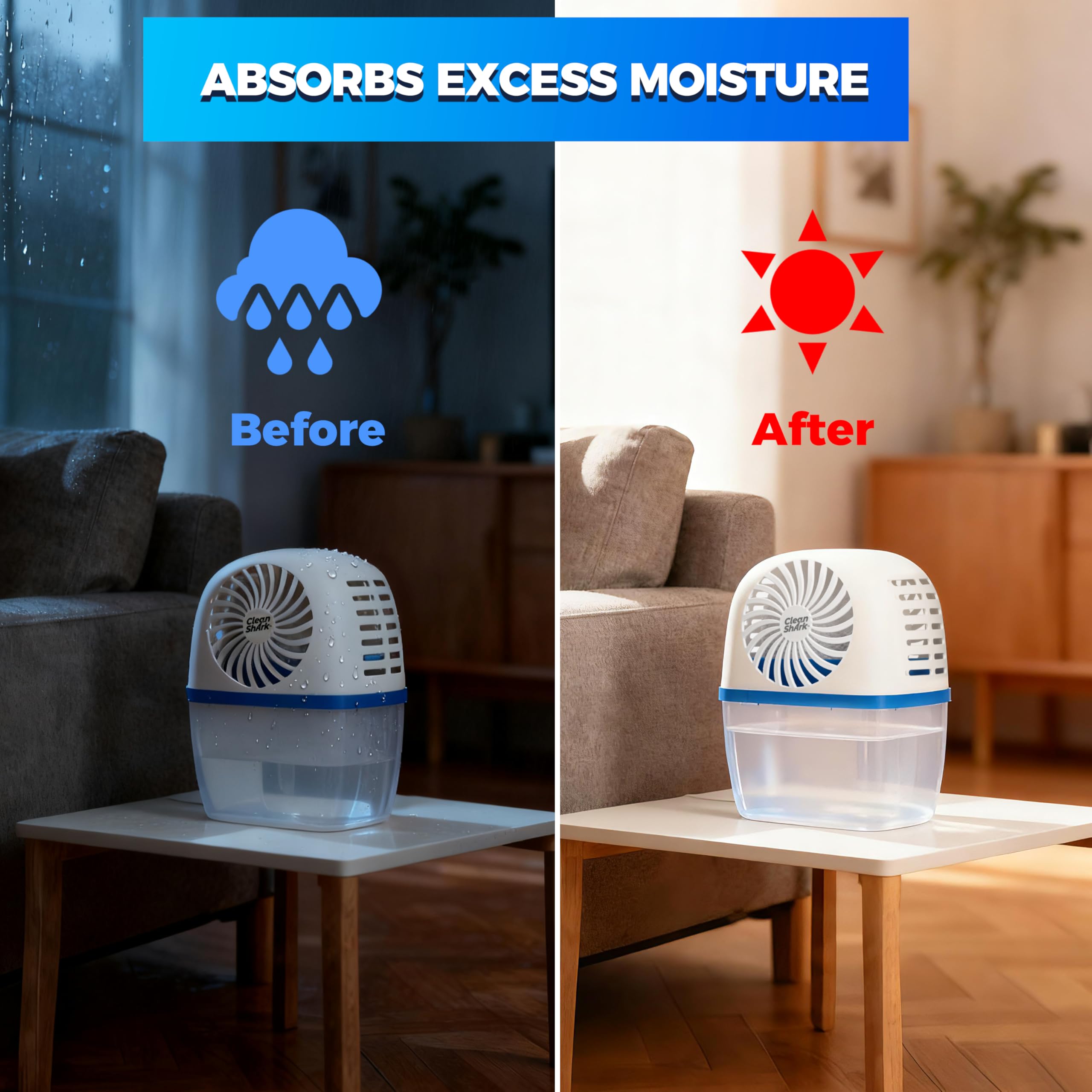 CleanShark Assorbitore di umidità con compresse drop-in, assorbitori di umidità riutilizzabili per armadi e aree umide, include 2 compresse deumidificatori a lunga durata (500 ml), senza profumo