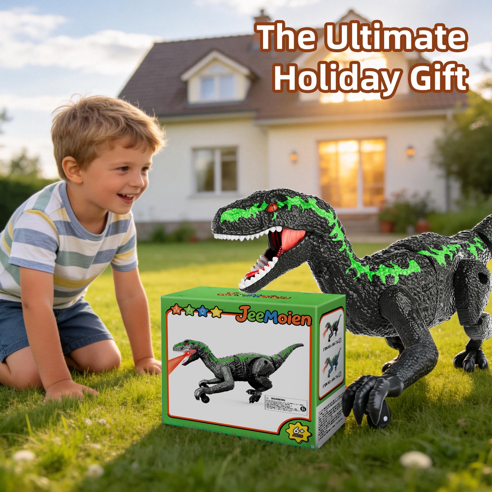 Dinosauro radiocomandato verde, regalo di compleanno per bambini 3-12 anni. Modello robot realistico con cammino, ruggiti ed effetti luce LED