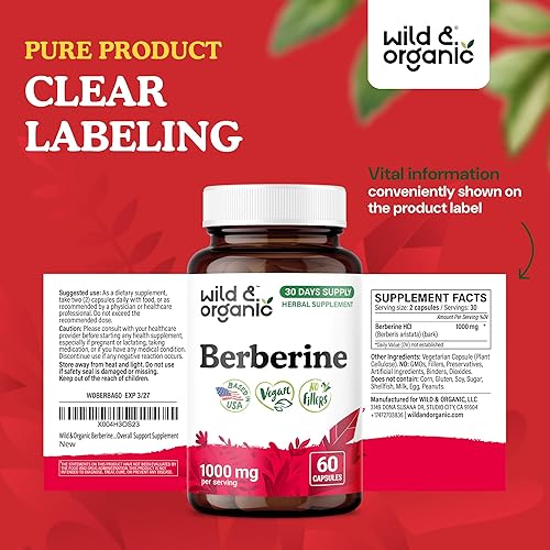 Miniatura 7 de Wild & Organic Cápsulas de suplemento de berberina de 1000 mg – Antioxidante y apoyo general – Polvo puro de berberina HCL – Corteza de Berberis